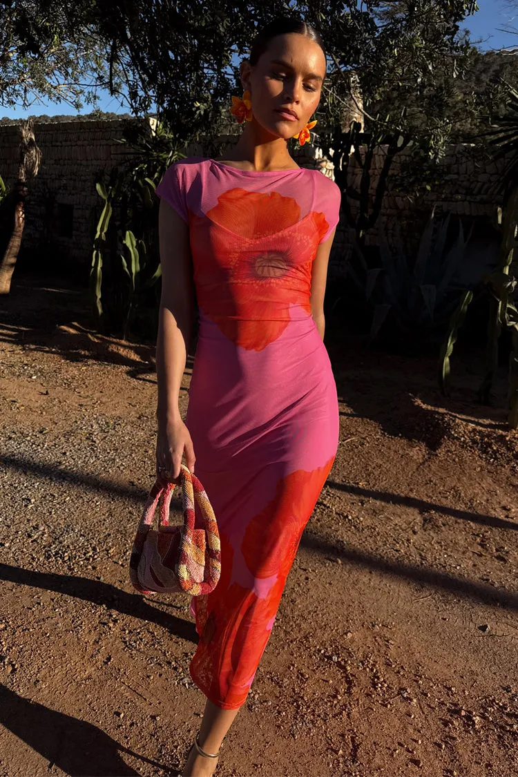 Organic-Fabric Asymmetric-Neck Pink Poppy Sleeveless Mesh Dress