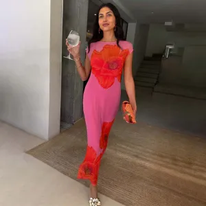 Loose Flow Pink Poppy Sleeveless Mesh Dress