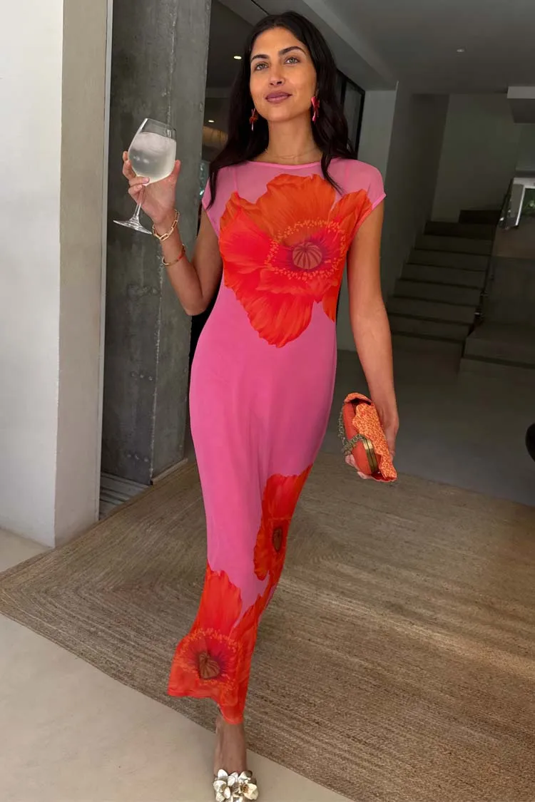 Modern and Stylish Crinkle Effect Pink Poppy Sleeveless Mesh Dress