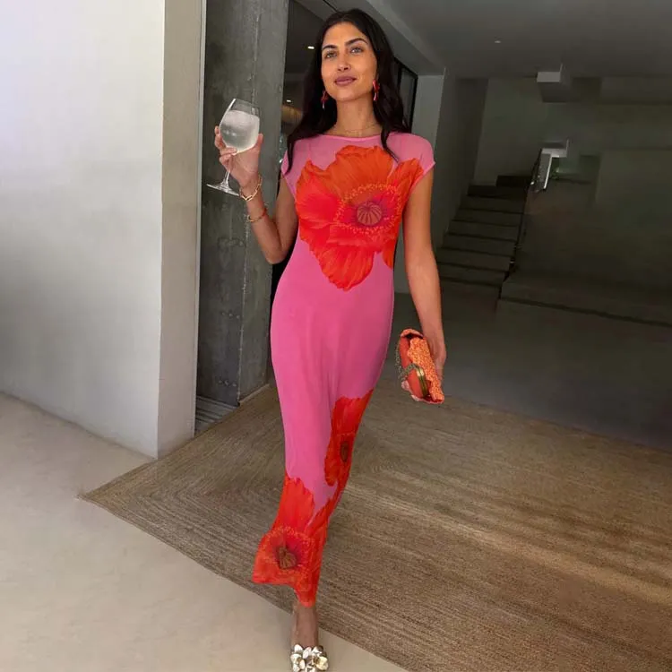 Loose Flow Pink Poppy Sleeveless Mesh Dress