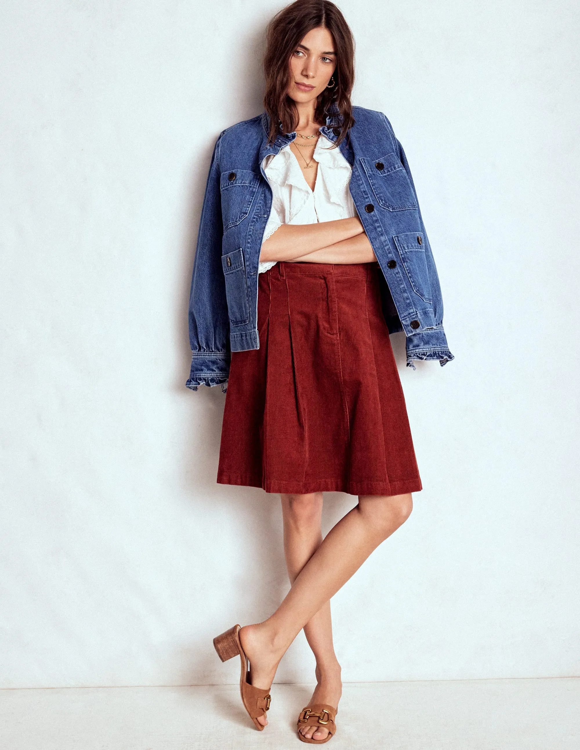 Soft Touch urban scene Pleated Cord Skirt-Fired Brick