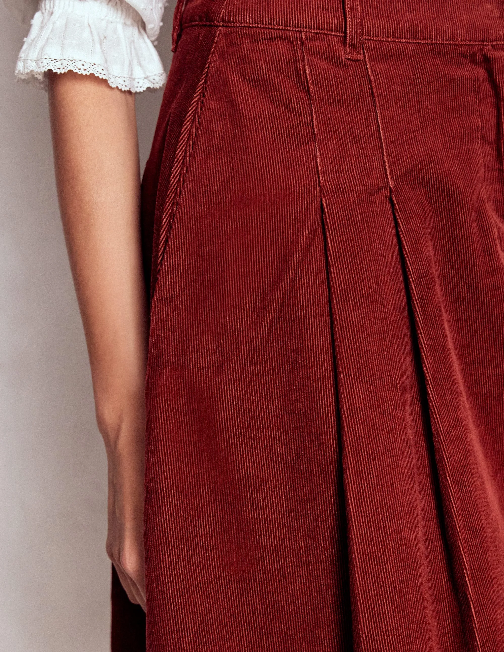 Pleated Cord Skirt-Fired Brick Weekend Fashion