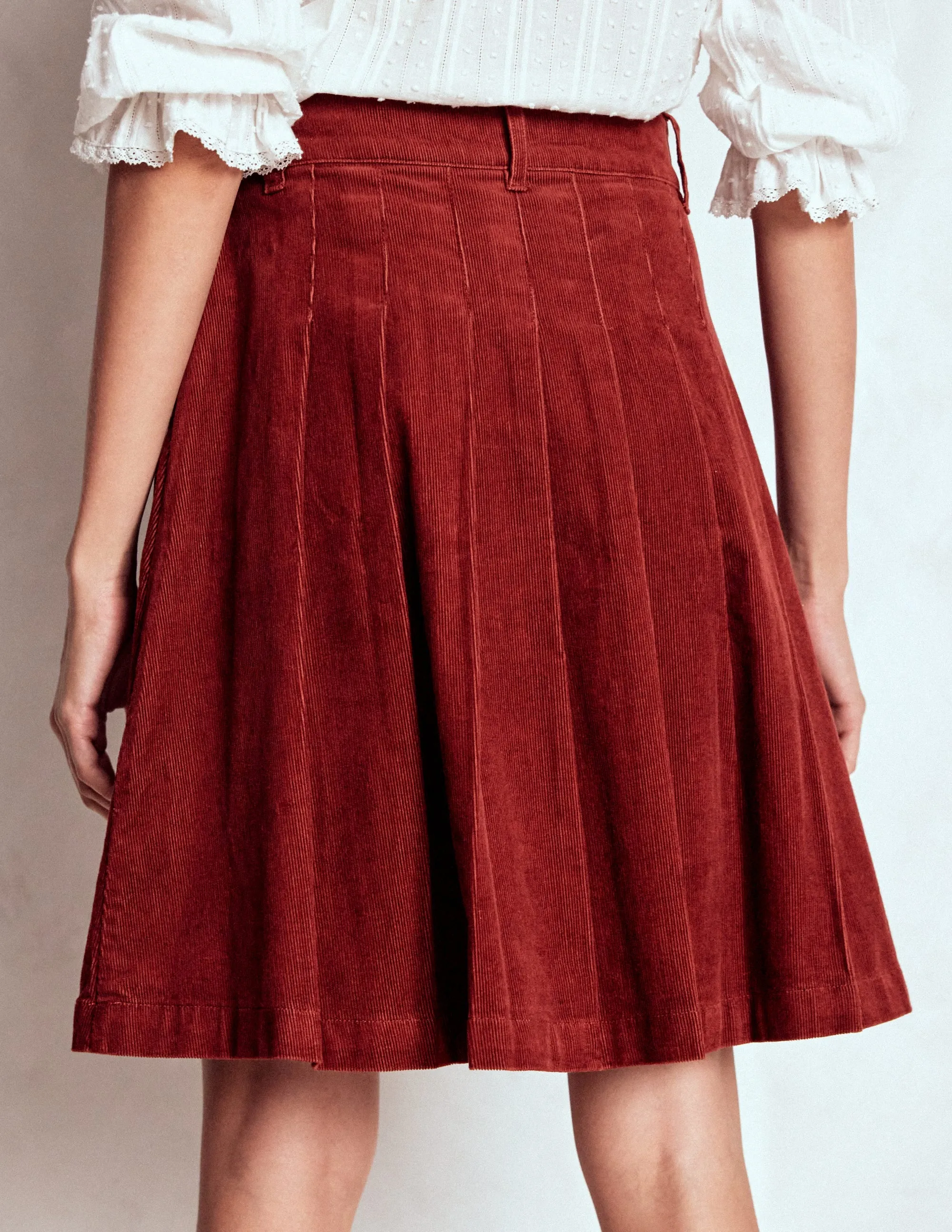 Outfit Shot Reinforced Seams Pleated Cord Skirt-Fired Brick
