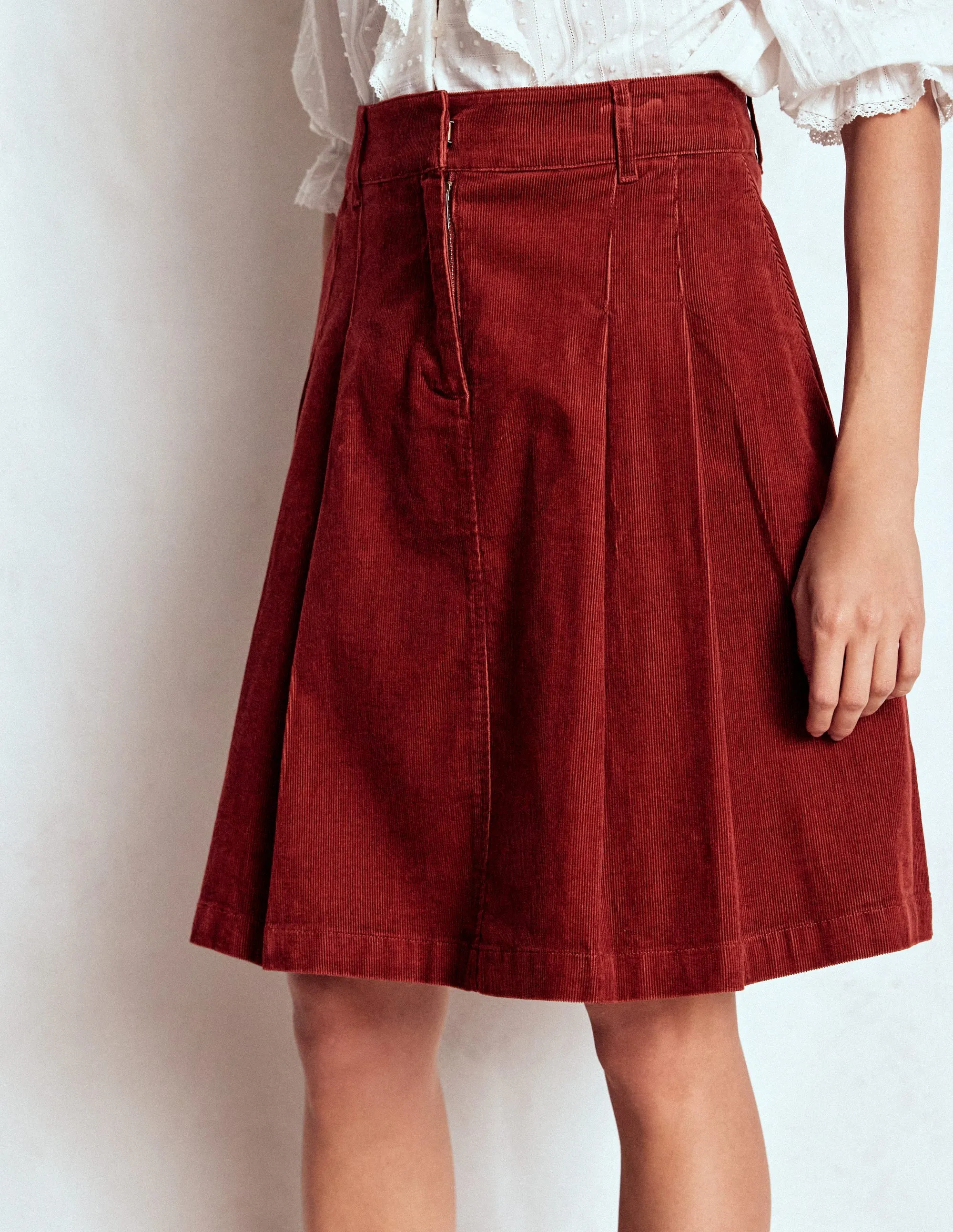 Affordable Fashion Pleated Cord Skirt-Fired Brick