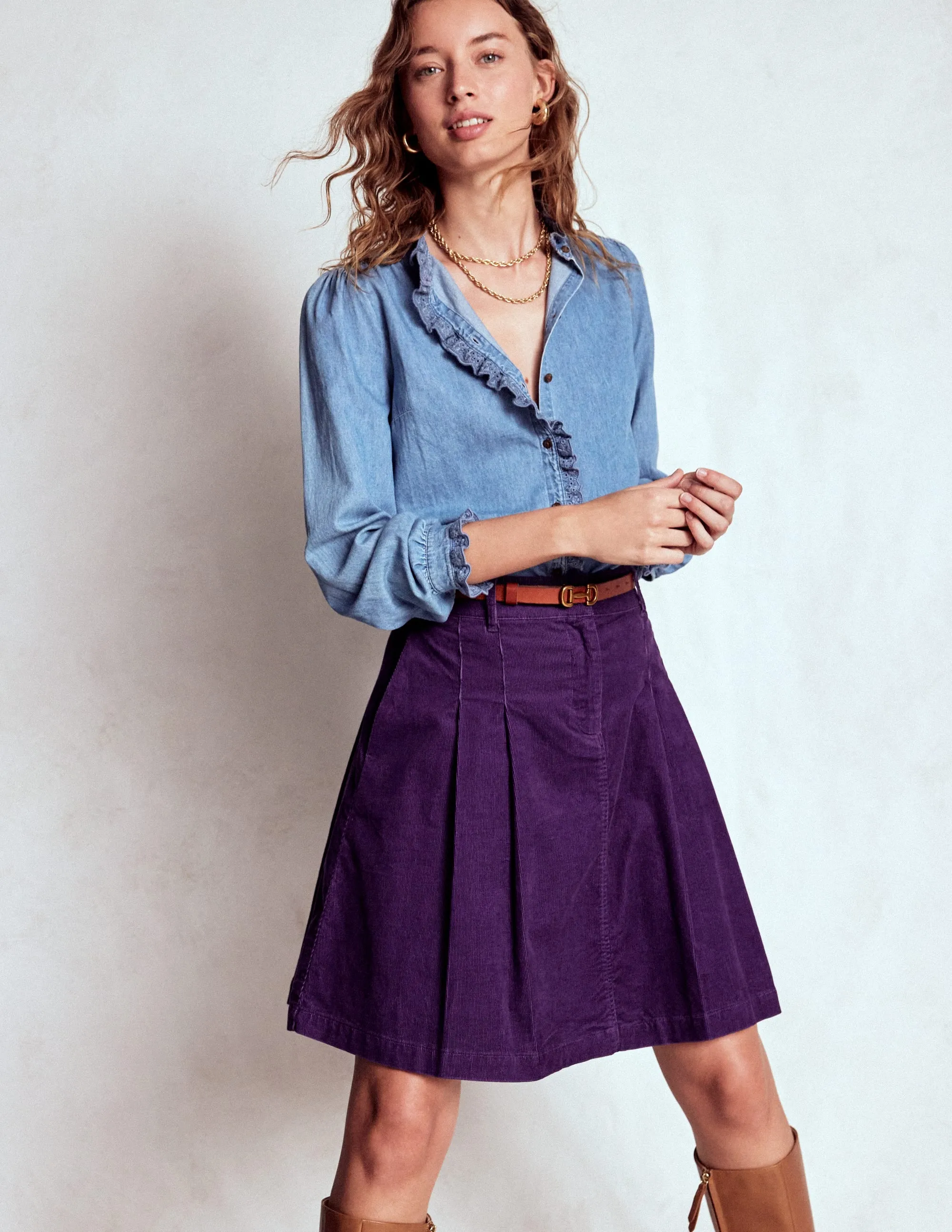 Pleated Cord Skirt-Mystic Purple Pull On Style Light Outfit