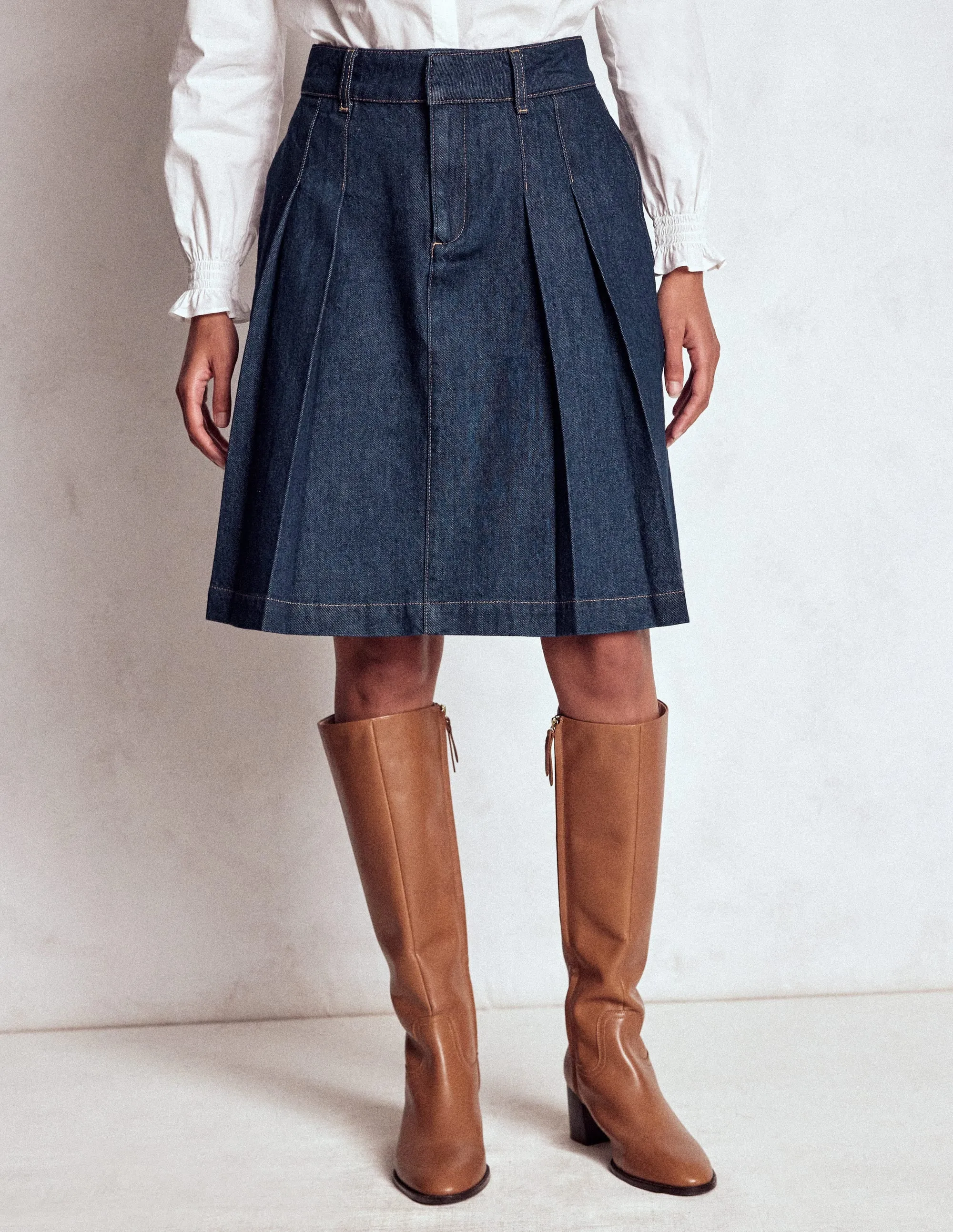 Pleated Denim Skirt-Indigo natural fiber