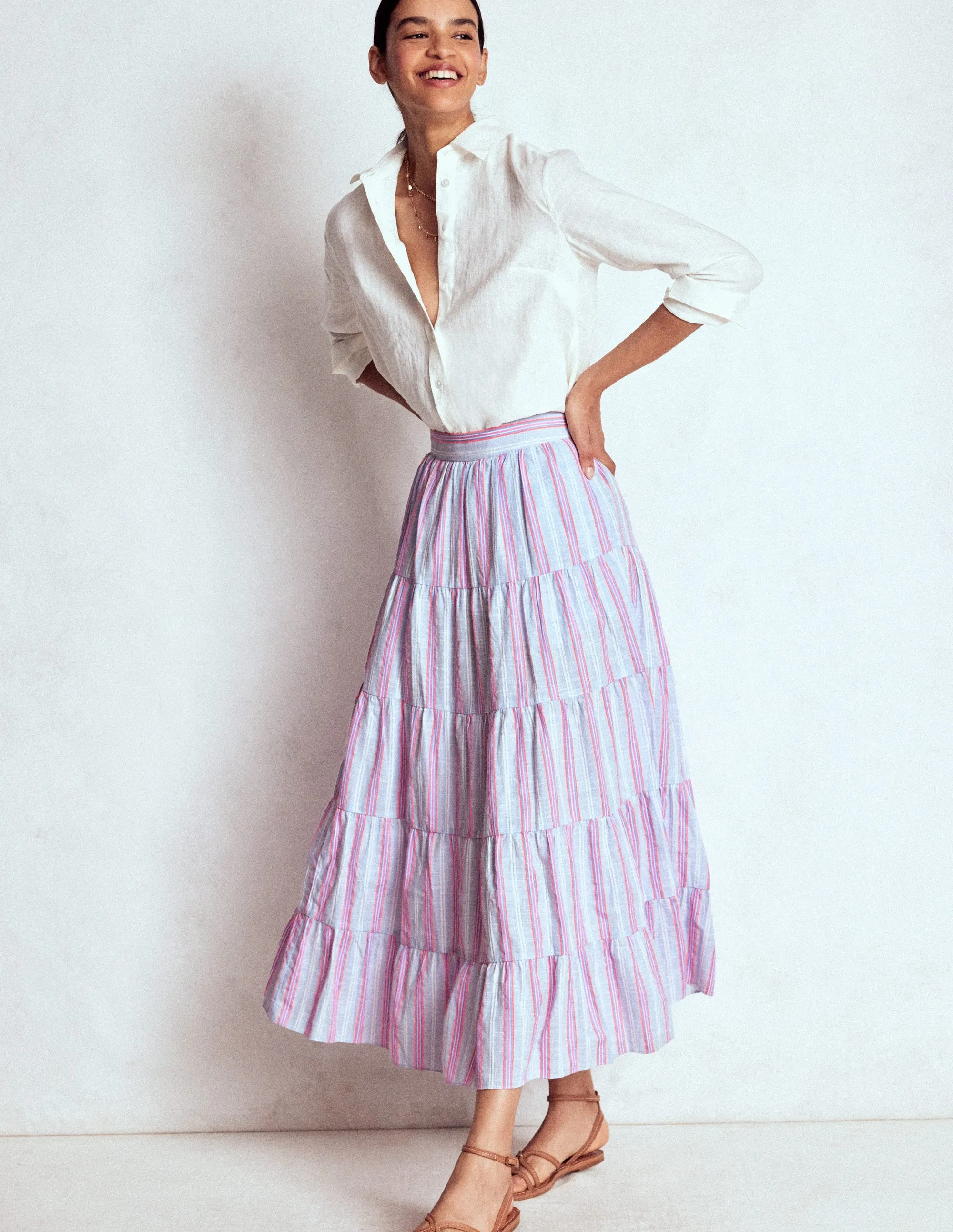 Tiered Poplin Midi Skirt-Metallic Stripe Casual Edge