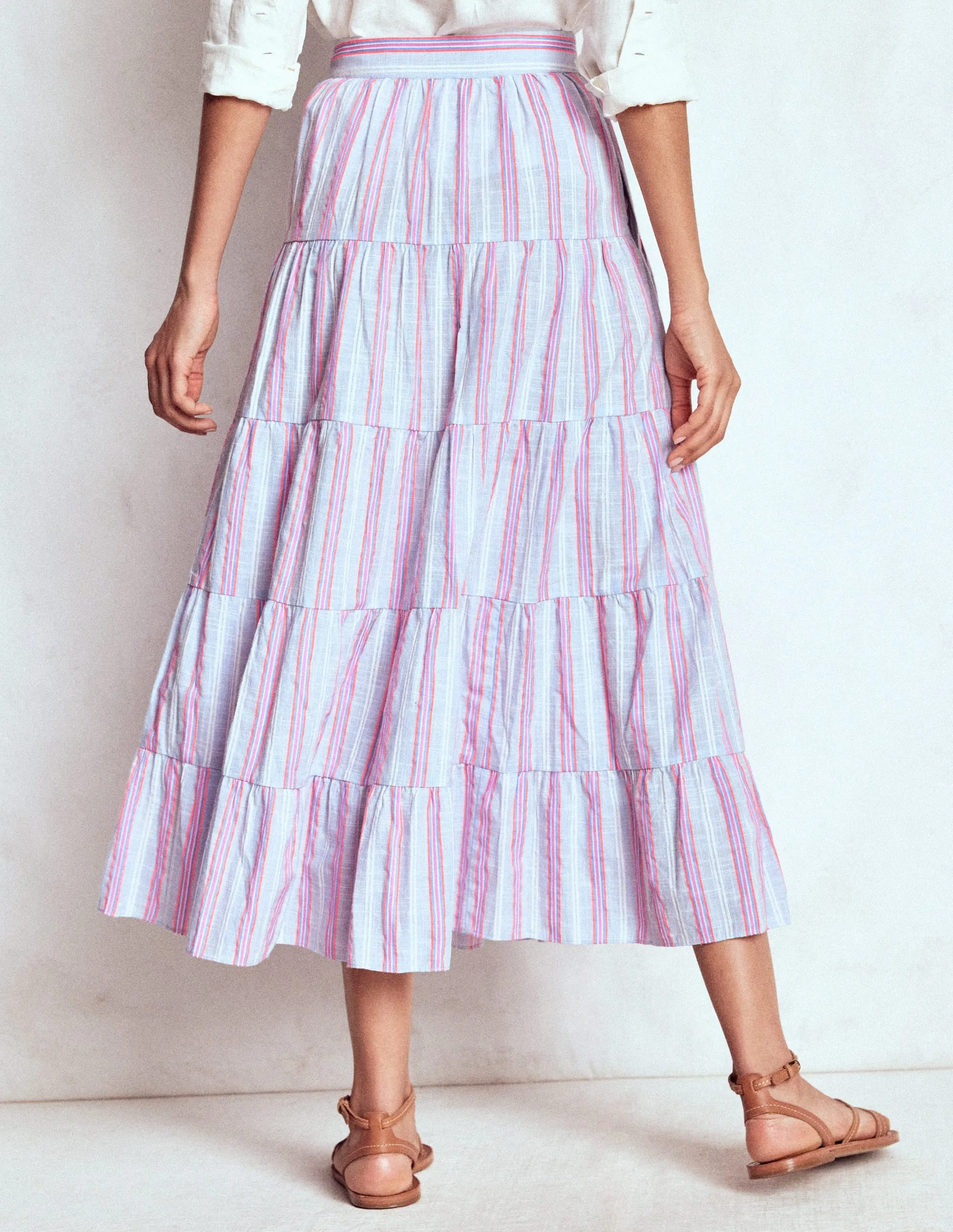 perforated design Tiered Poplin Midi Skirt-Metallic Stripe