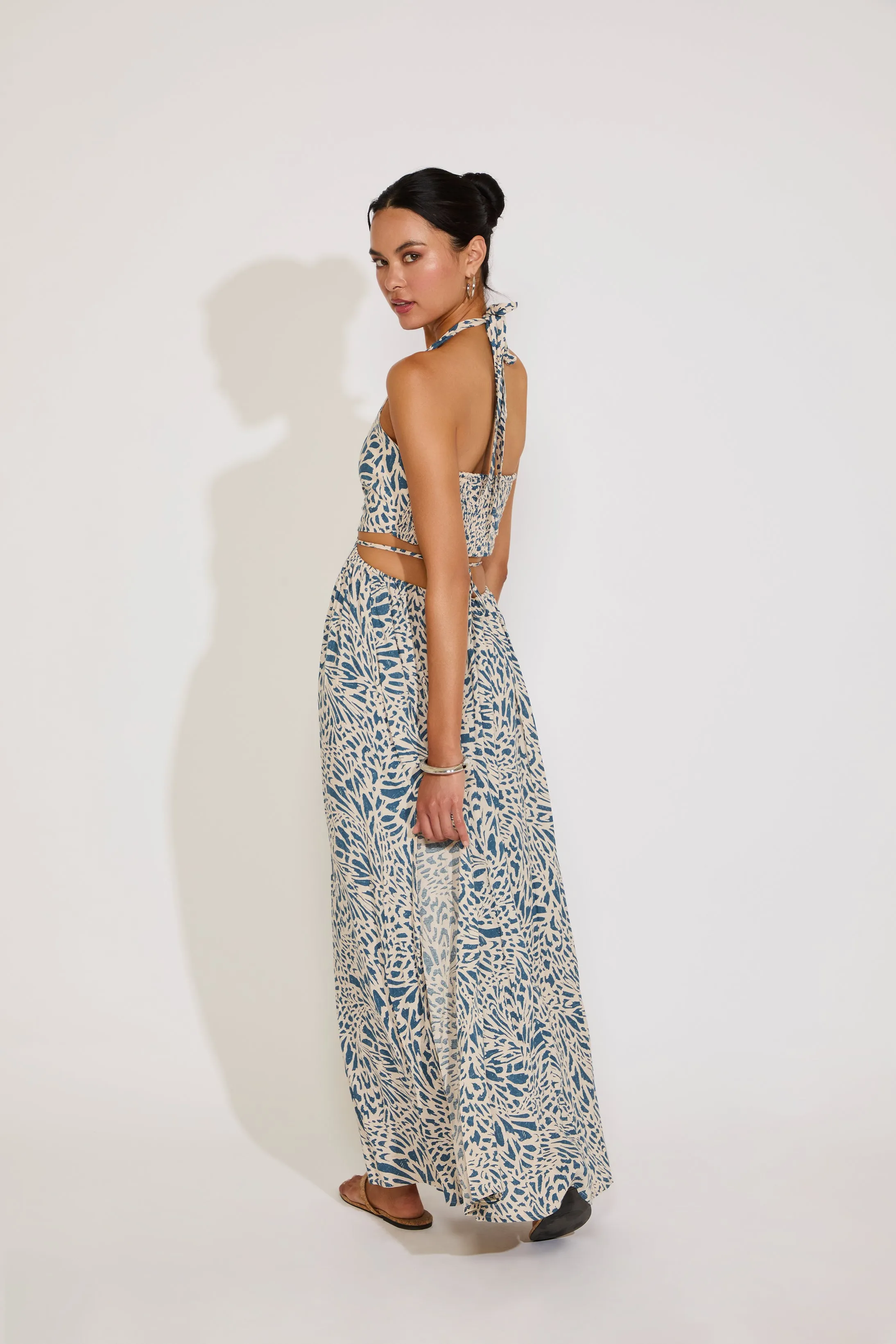 PRINTED HALTER MAXI DRESS WITH O RING CUTOUTS Fresh Flow