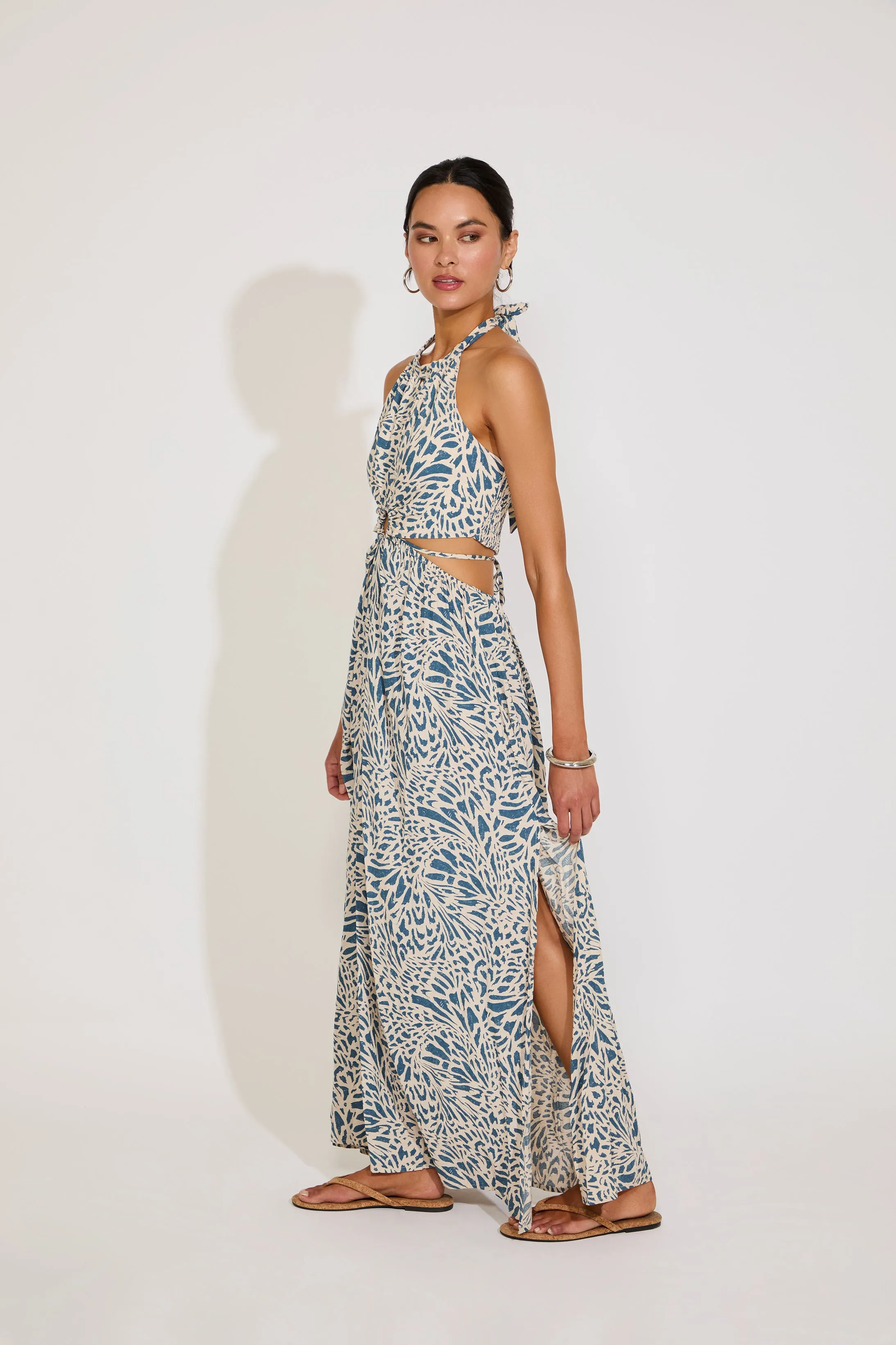 Skin Hug PRINTED HALTER MAXI DRESS WITH O RING CUTOUTS