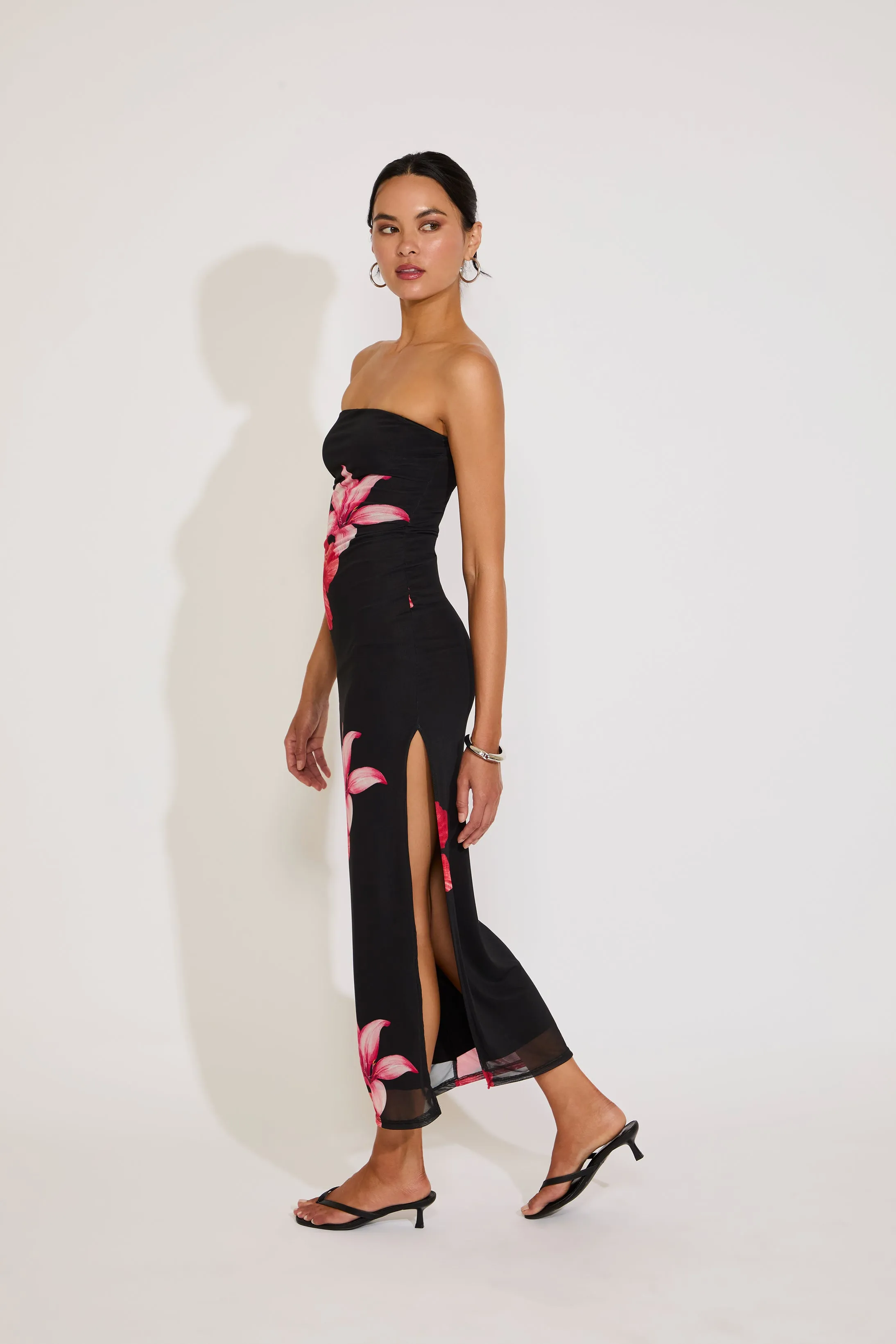 Flattering Shape Wear ORCHID PRINT OVERLAY STRAPLESS MIDI DRESS