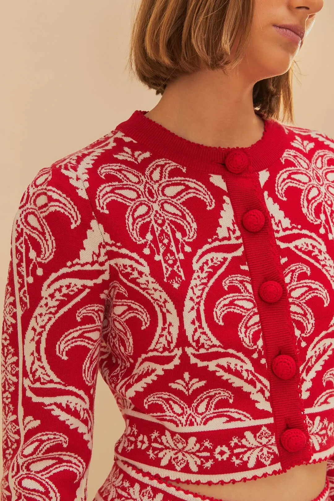 Stay Simple Cozy Mood Red Tropical Jacquard Knit Cardigan