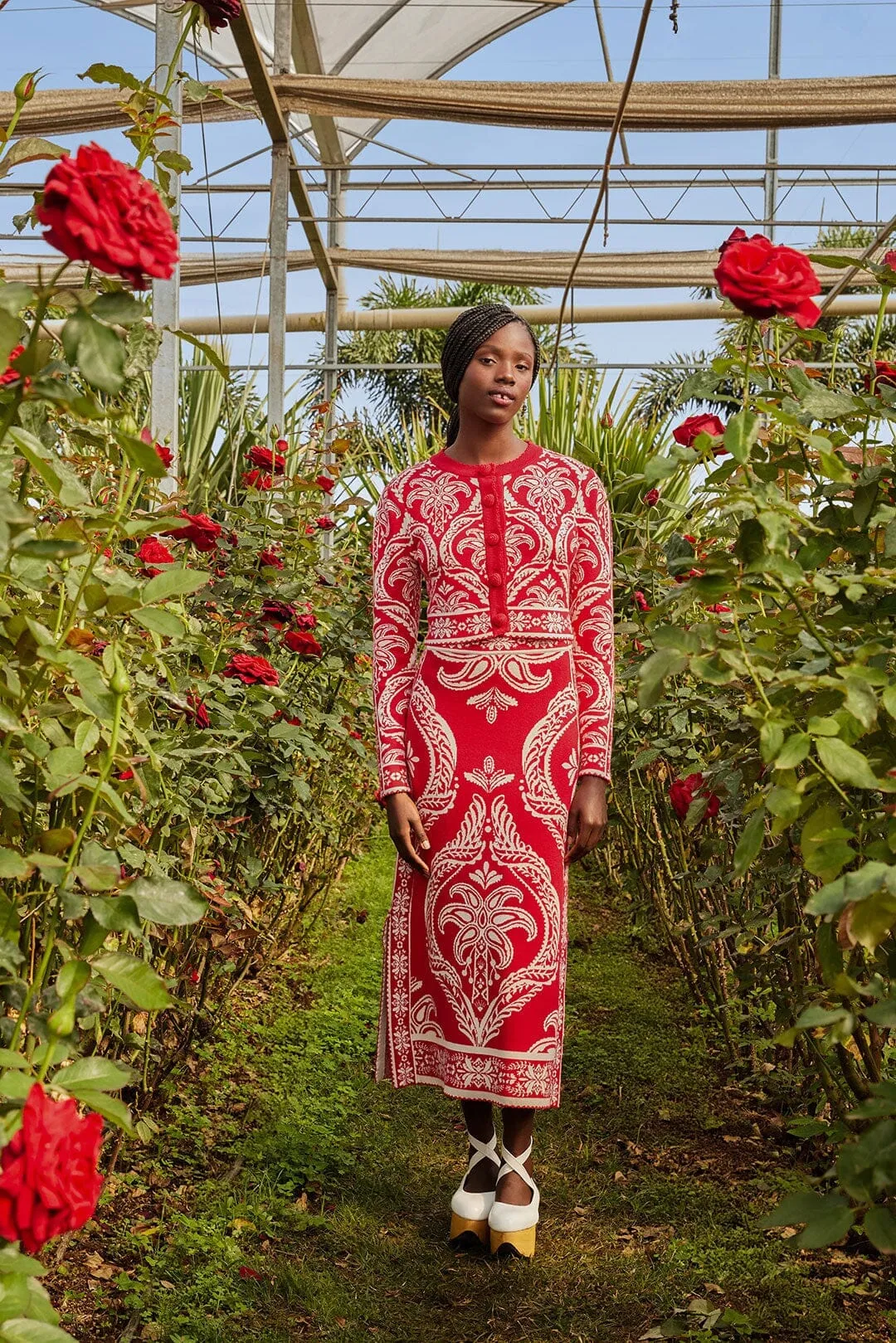 Red Tropical Jacquard Knit Cardigan Off-Duty Fit Cold Daywear