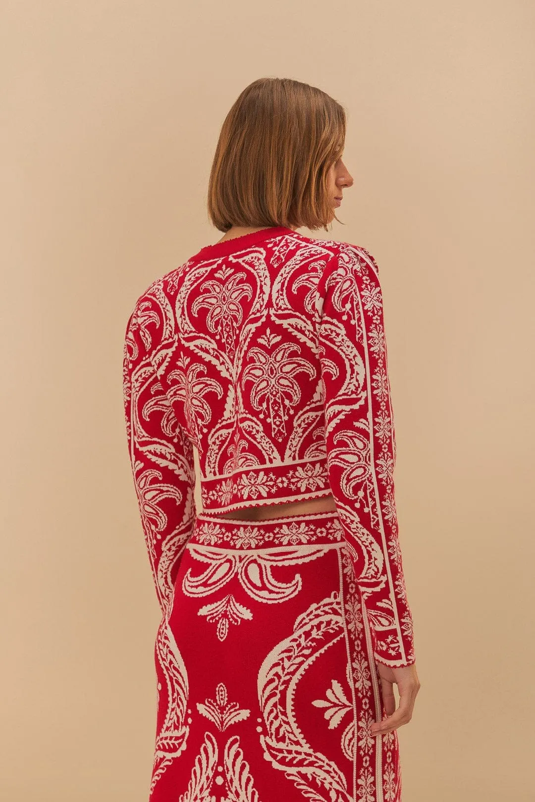 Non Chlorine Bleach Safe Red Tropical Jacquard Knit Cardigan
