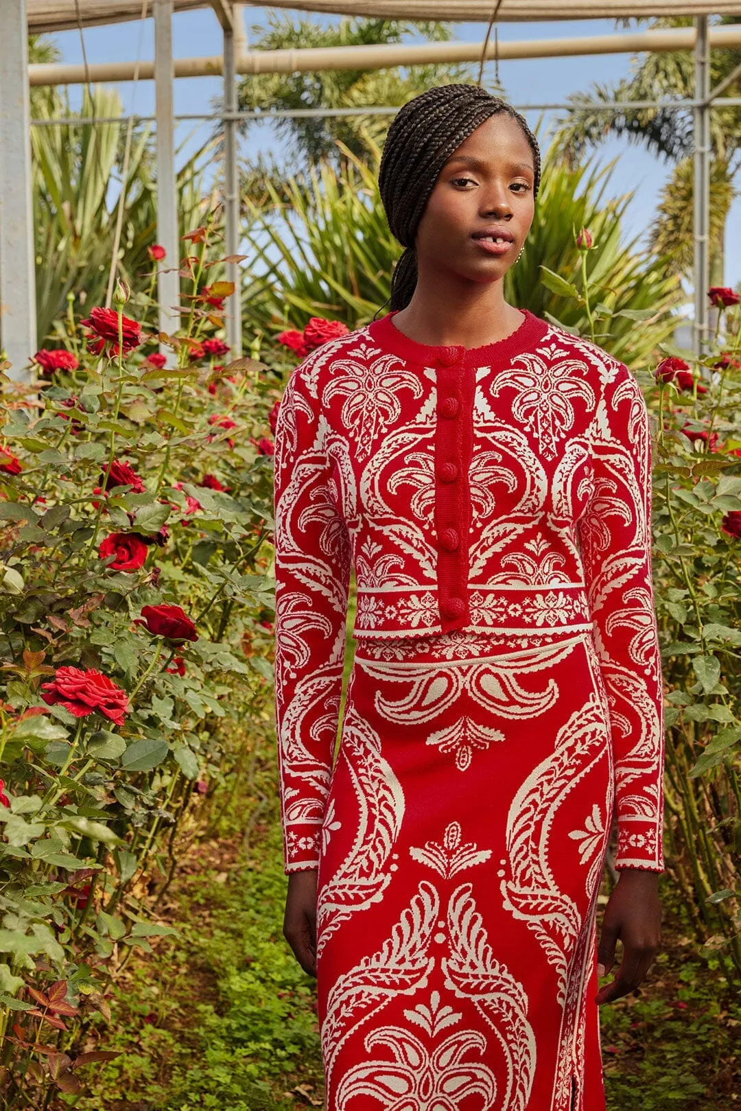 Reinforced Stress Points Heat Retention Lining Red Tropical Jacquard Knit Cardigan