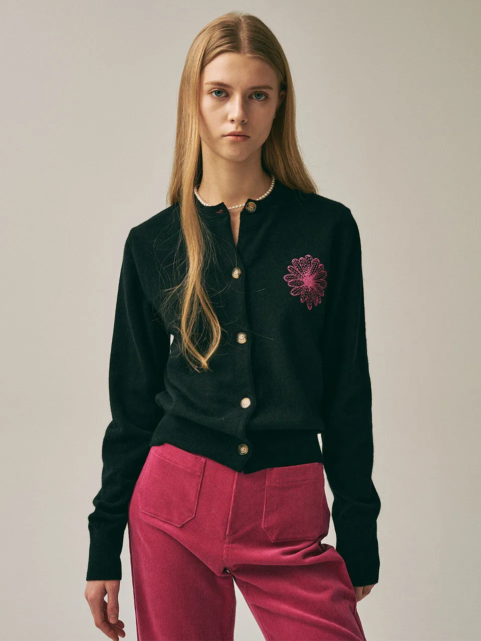 RACCOON BLENDED CARDIGAN ROUND NECK_BLACK FUCHSIA Chilly Days