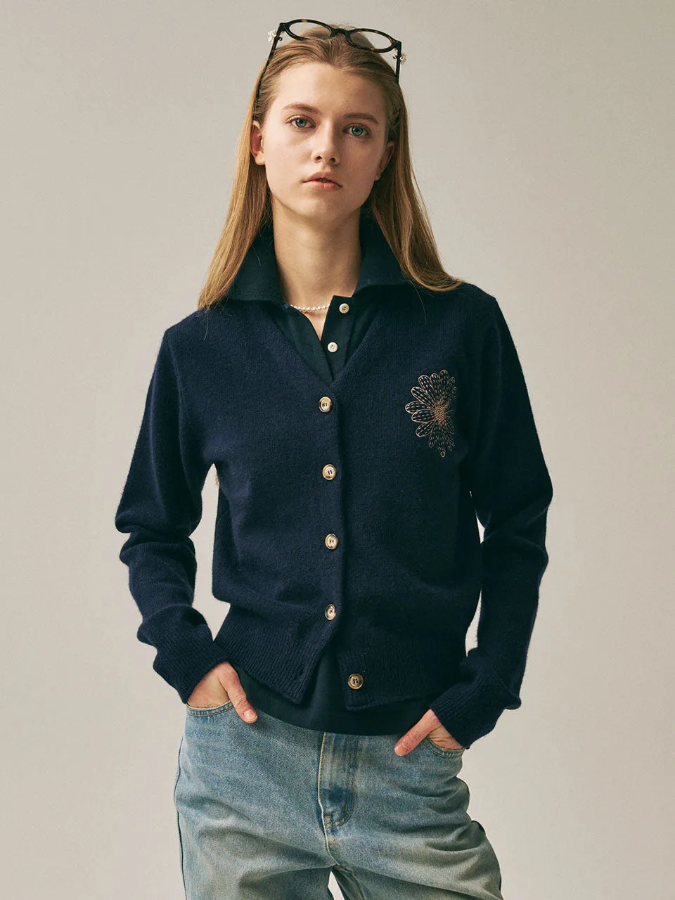 RACCOON BLENDED CARDIGAN V NECK_NAVY BEIGE Quick Dry Weaving