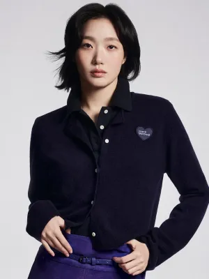Ethical Production Certified MicrofiberBlend Texture RACCOON BLENDED CROPPED CARDIGAN HEART LOGO_NAVY