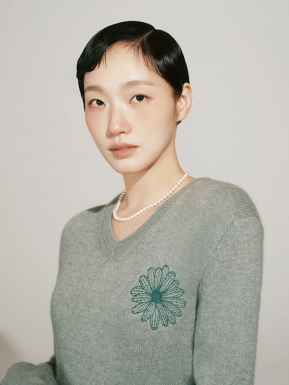 Layered Look RACCOON BLENDED V NECK_MINTGREY