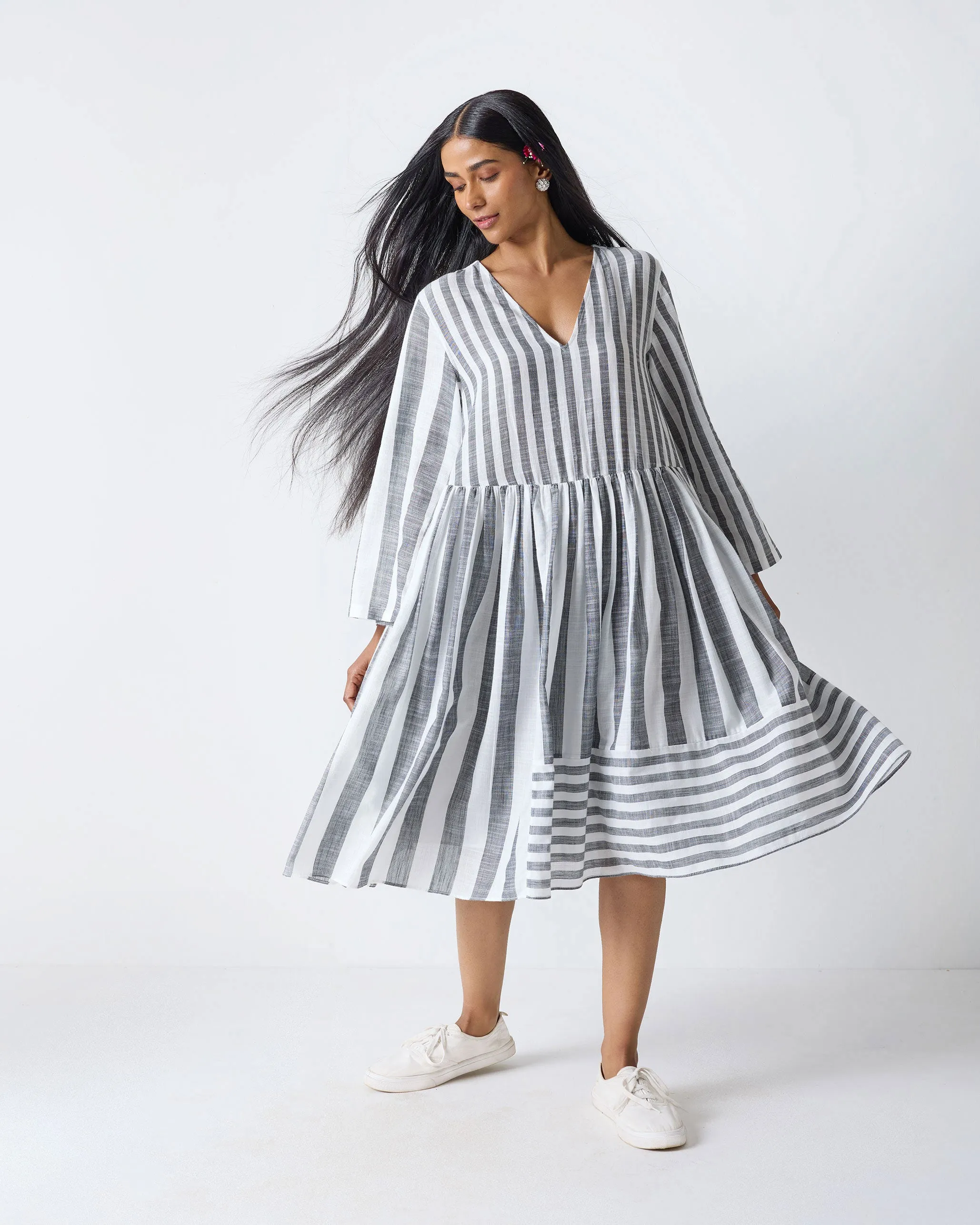 Rainy Season Dress - Charcoal & White Stripes Pure Stitch