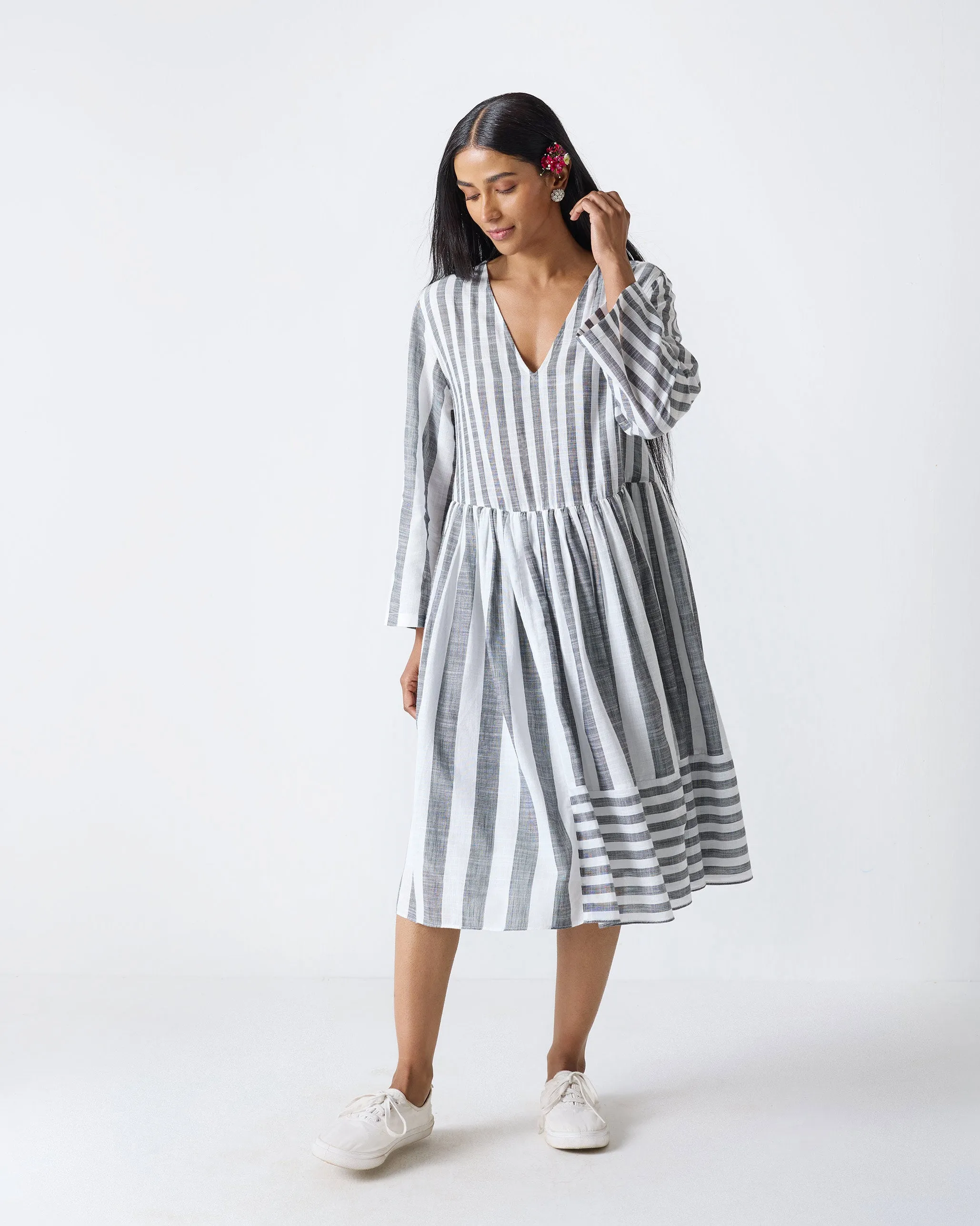 Rainy Season Dress - Charcoal & White Stripes Smart Fashion Breathable-Lining