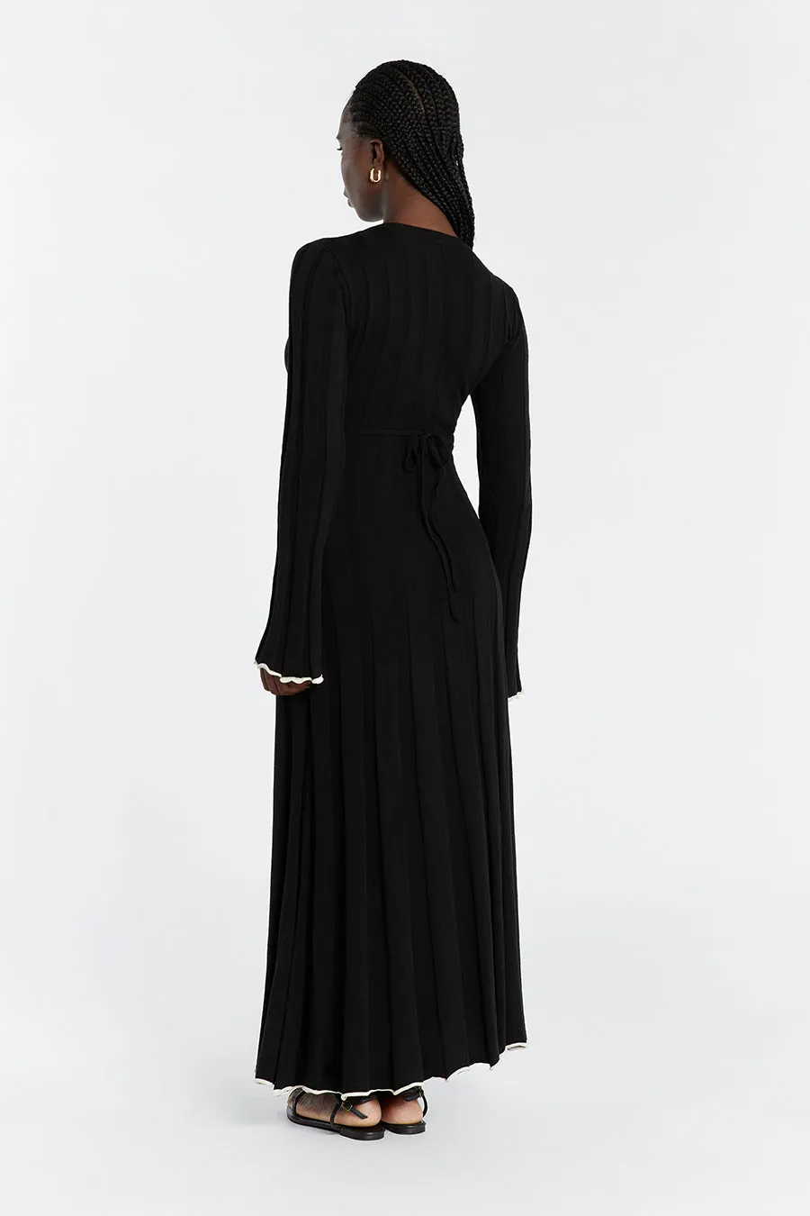 FLORA BLACK V NECK KNIT MIDI DRESS light layering