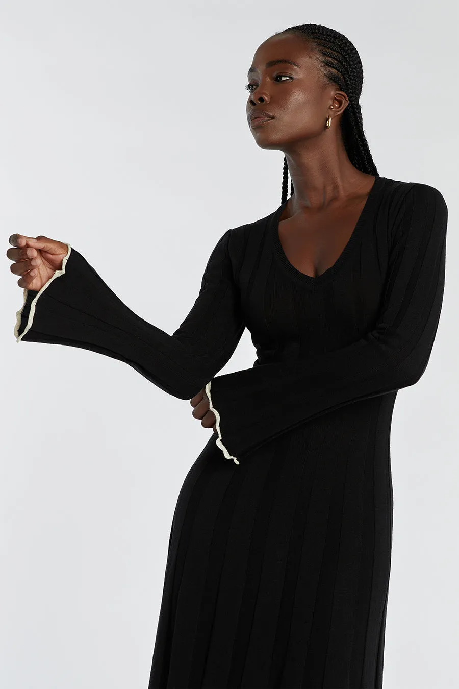 FLORA BLACK V NECK KNIT MIDI DRESS Anniversary-Event