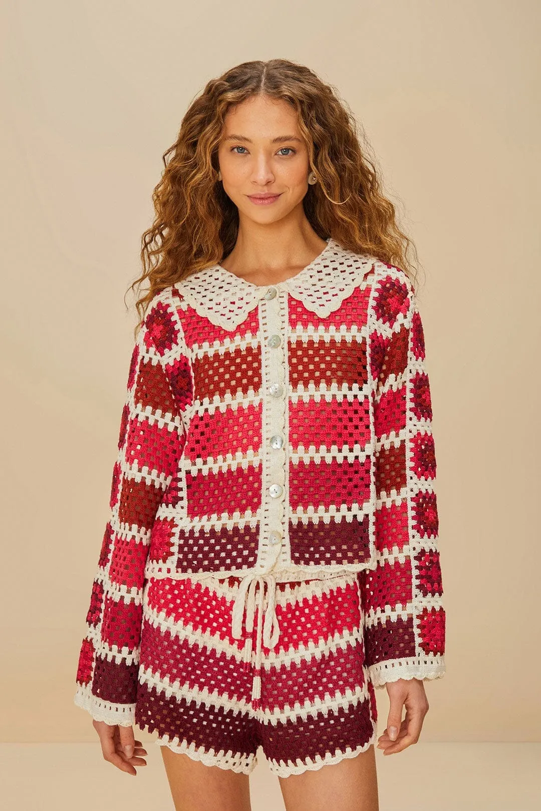 Red Colorful Crochet Tiles Shorts Printed design