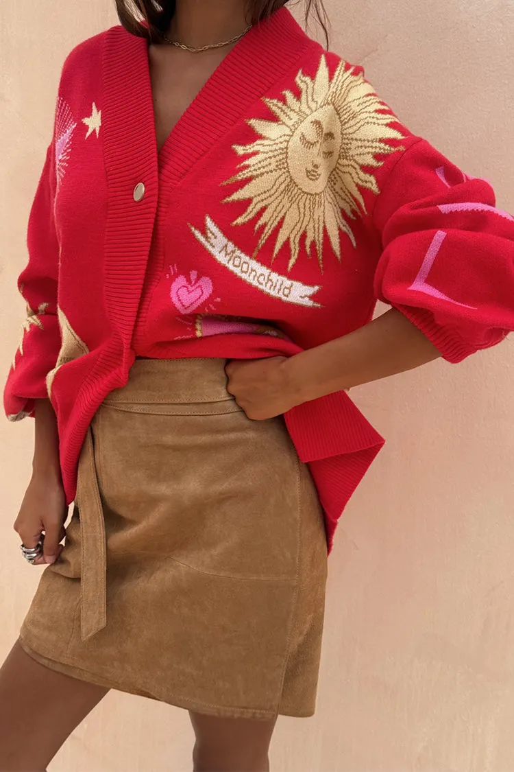 Red Mystical Cardigan Stretch Knit Backing EcoConscious Manufacturing