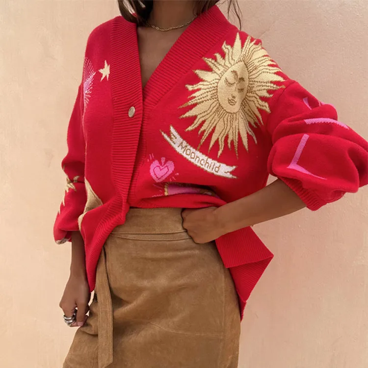 Red Mystical Cardigan Hypoallergenic Fiber Blend EcoFriendly Textile