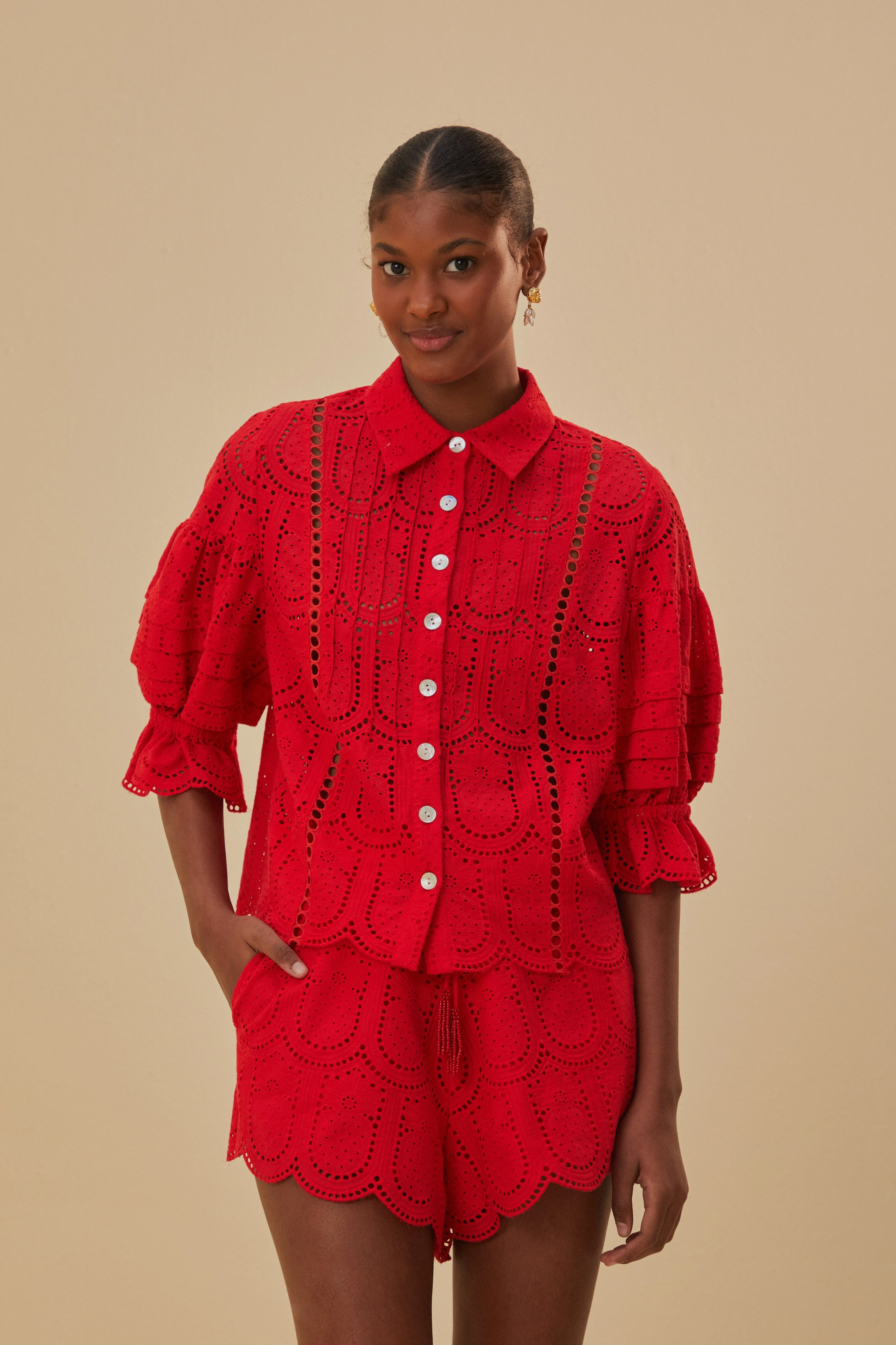 Stain Resistant Treatment Red Pineapple Eyelet Shorts