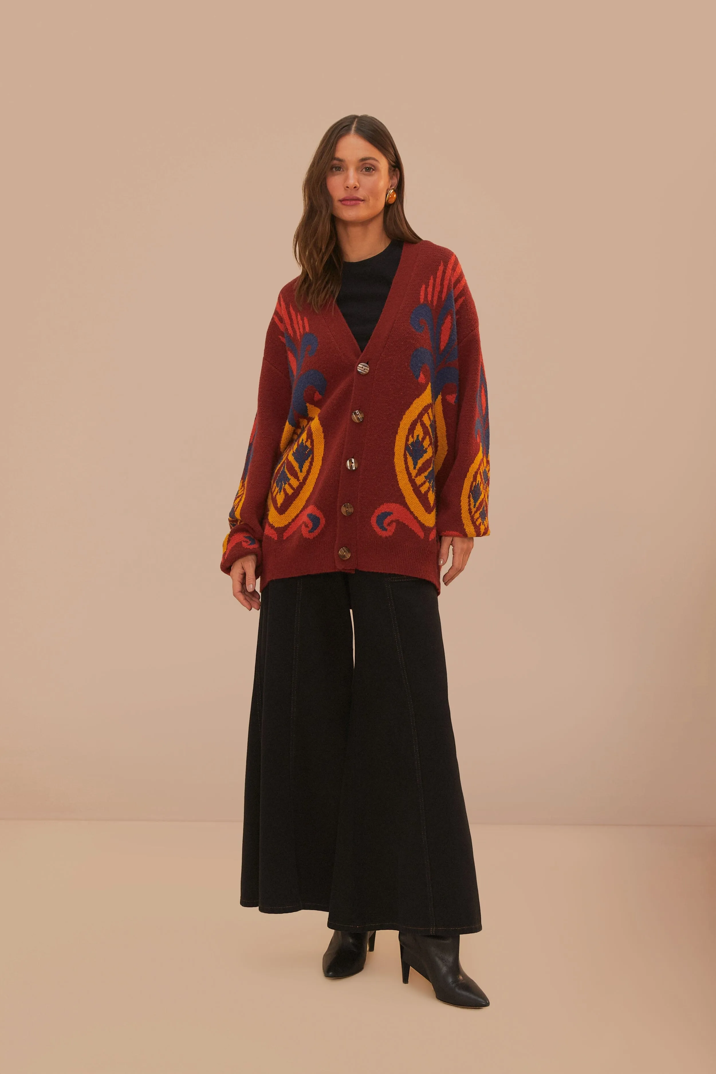 Diagonal Pocket Placement Red Pineapple Knit Cardigan