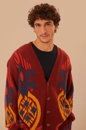 Polo Neckline City Warmth Red Pineapple Knit Cardigan