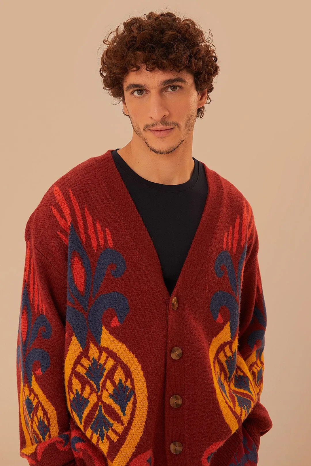 Polo Neckline City Warmth Red Pineapple Knit Cardigan