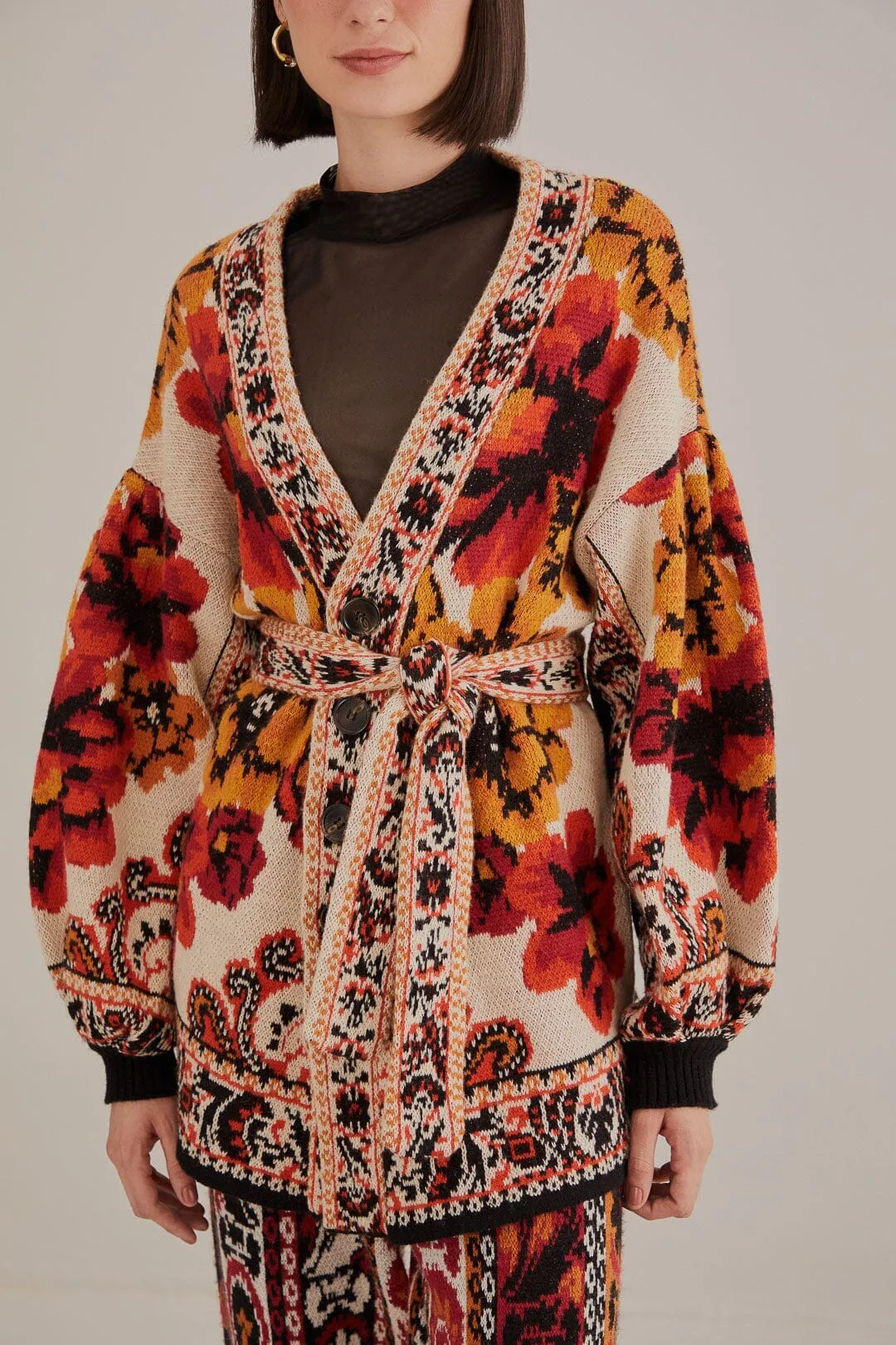 Sand Winter Tapestry Knit Cardigan Cozy Interior Fleece Reinforced Edging