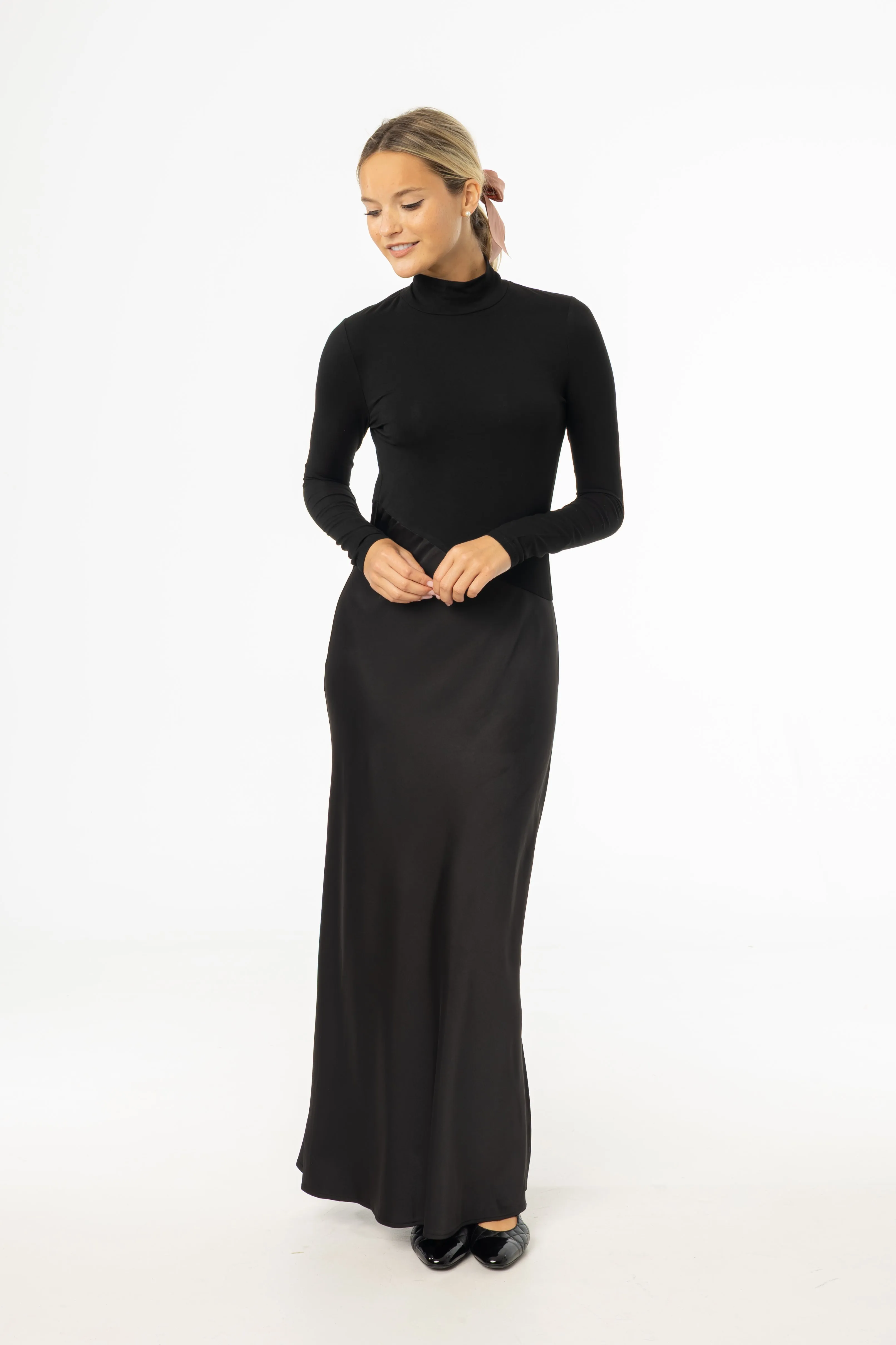 Black Combo Mock Neck Maxi Dress Easy Vibe