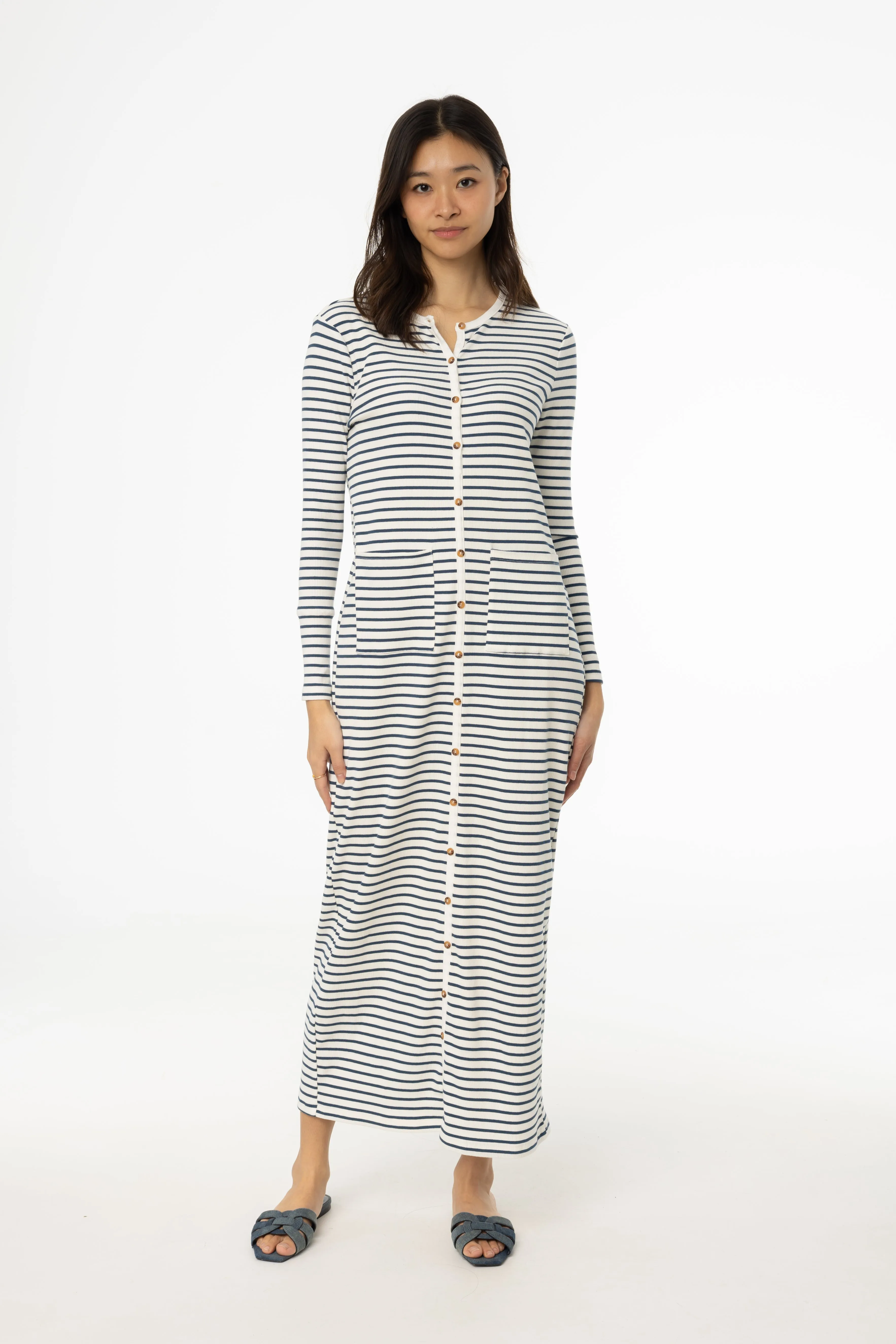 Blue Striped Cardi Maxi Dress Front-Zip