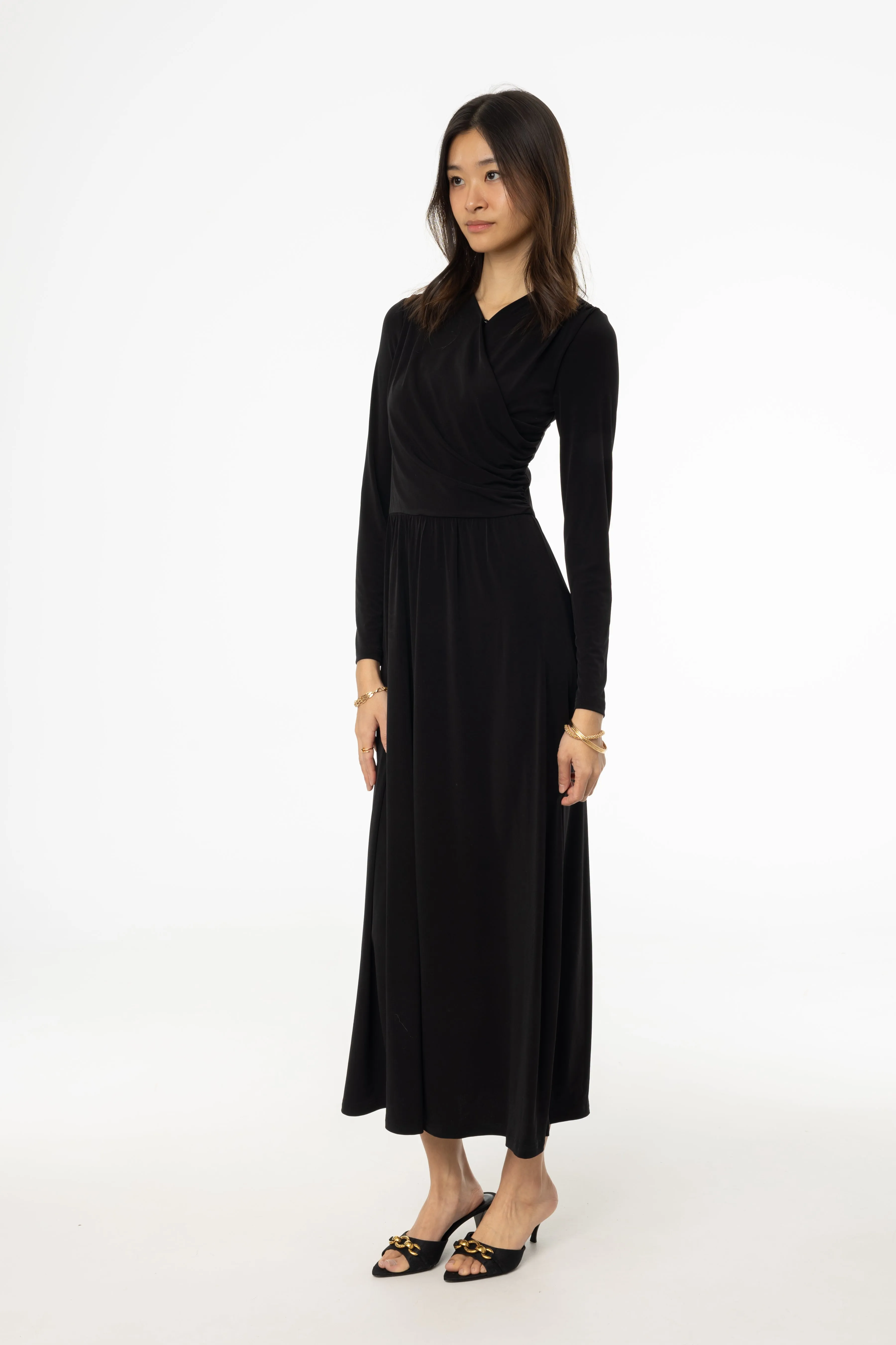 Black Slinky Faux Wrap Maxi Dress Knit Cool