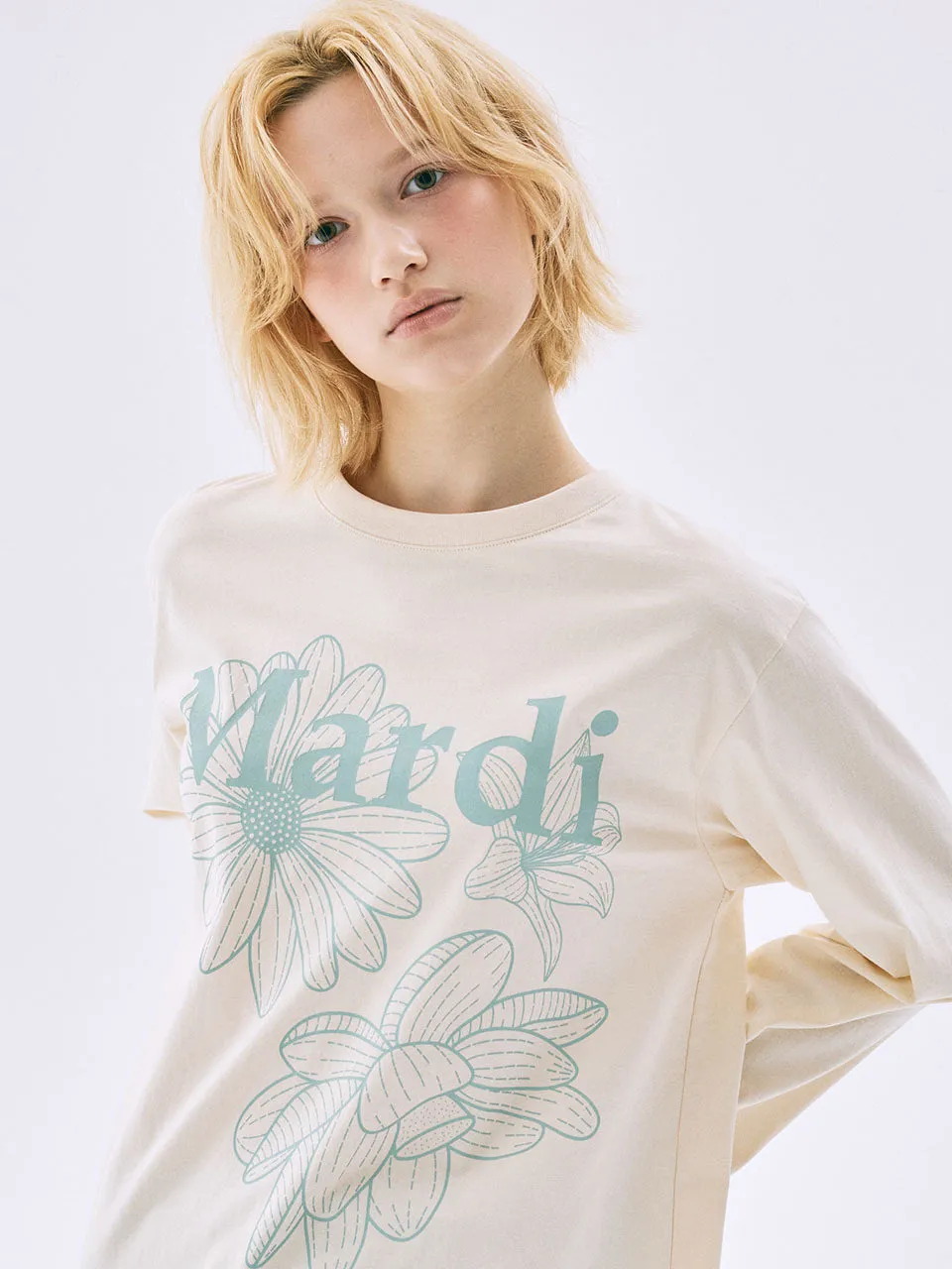 TSHIRT LONG SLEEVE TRIPLE FLOWER_BUTTER MOSSGREEN Wrinkle Resistant Texture Layered Neckline