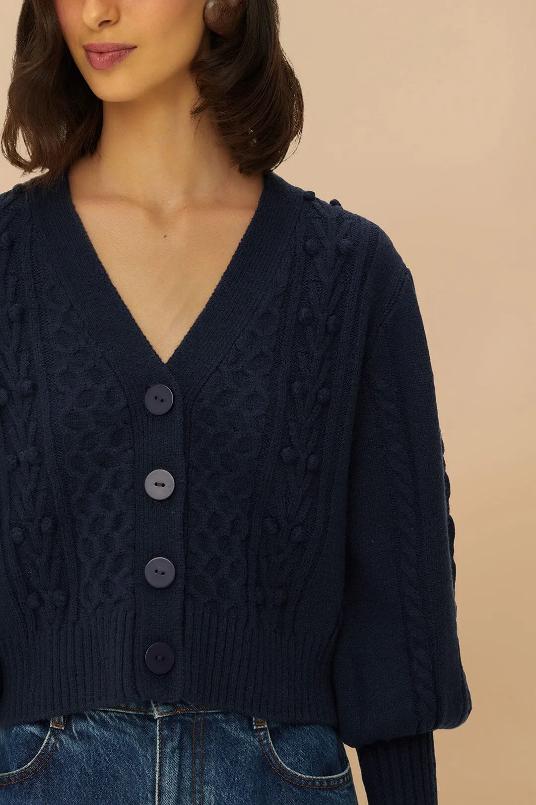 Breathable mesh Navy Blue Mixed Stitches Knit Cardigan