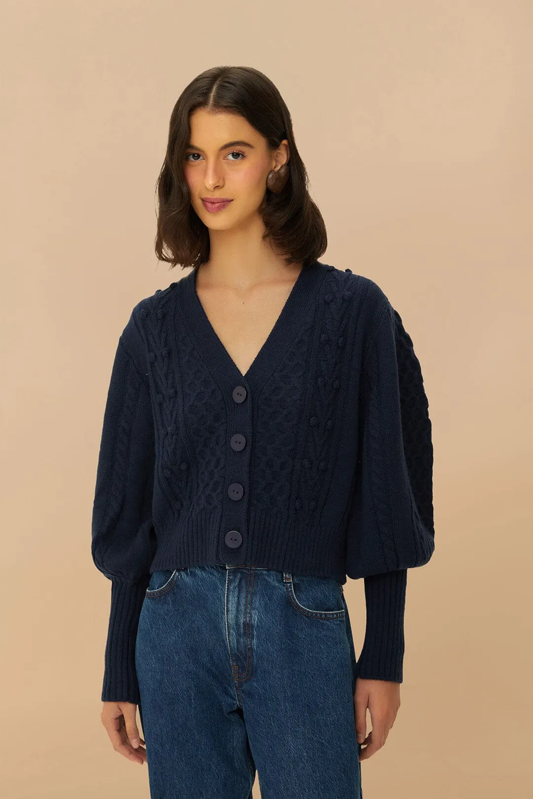 Everyday Use Cashmere Blend Navy Blue Mixed Stitches Knit Cardigan