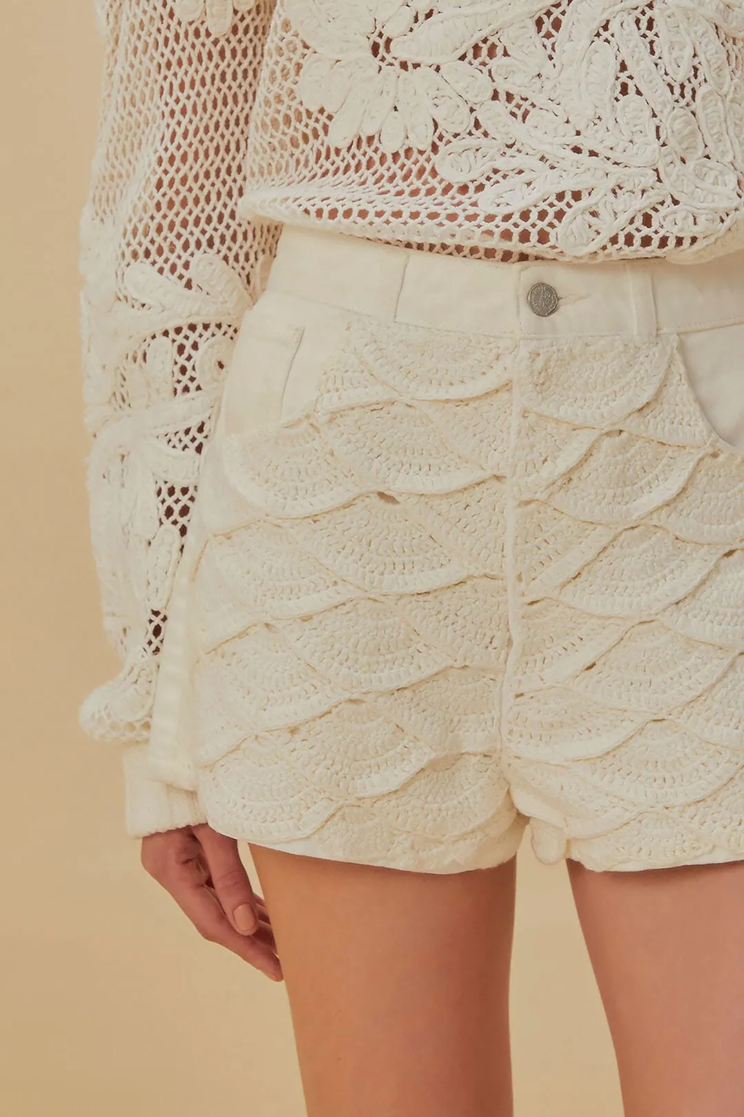 Camping Gear Stretchable Waistband White Crochet Shorts