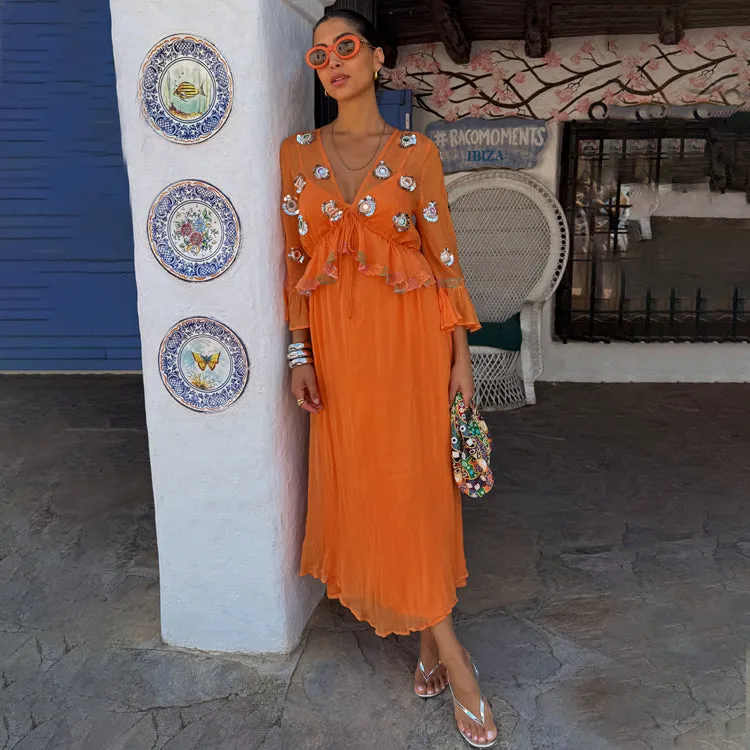 CrinkleResistantWeave Trendy Fit Look Apricot Embellished Ines Dress