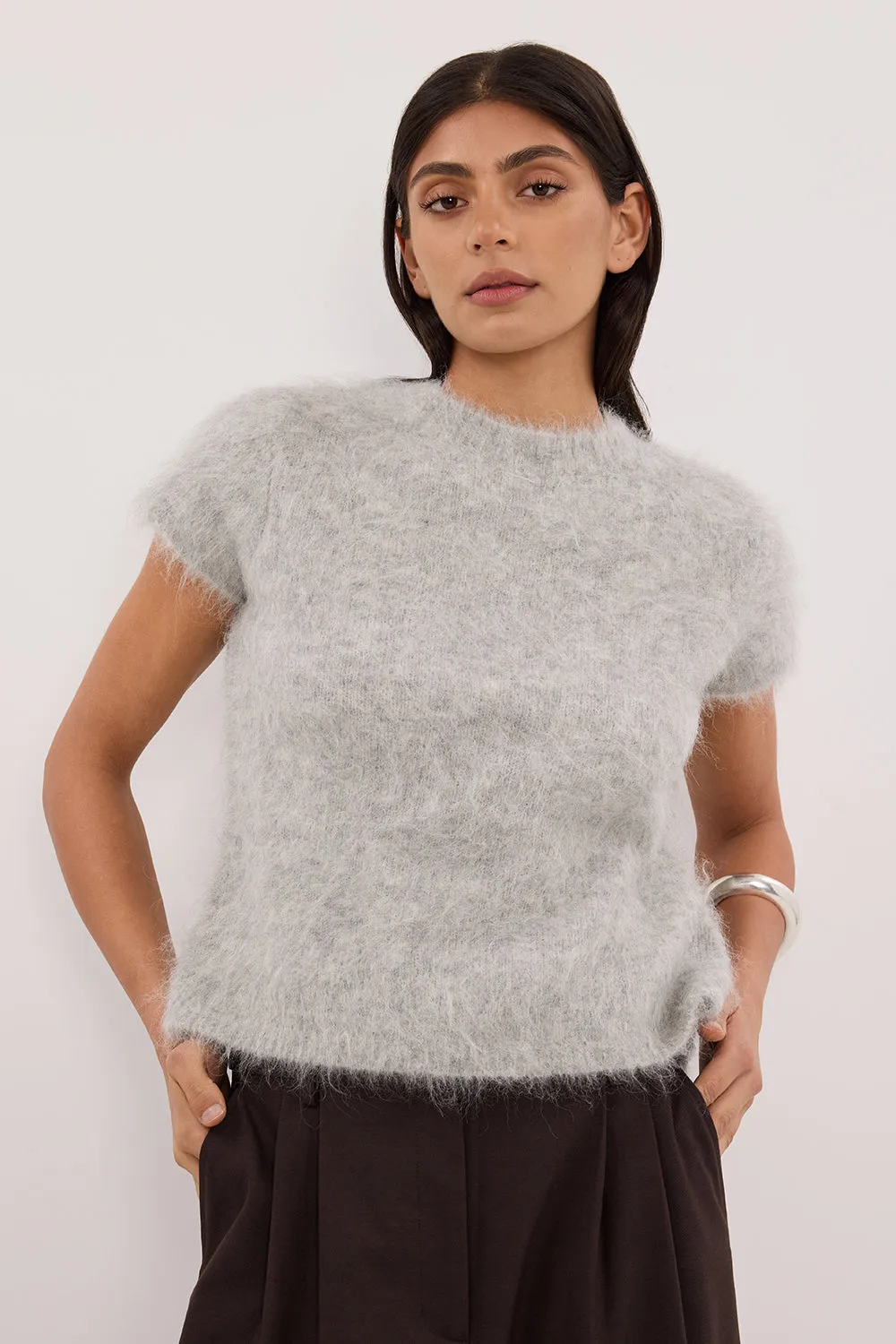 Worn In SALMA SILVER CAP SLEEVE KNIT TOP