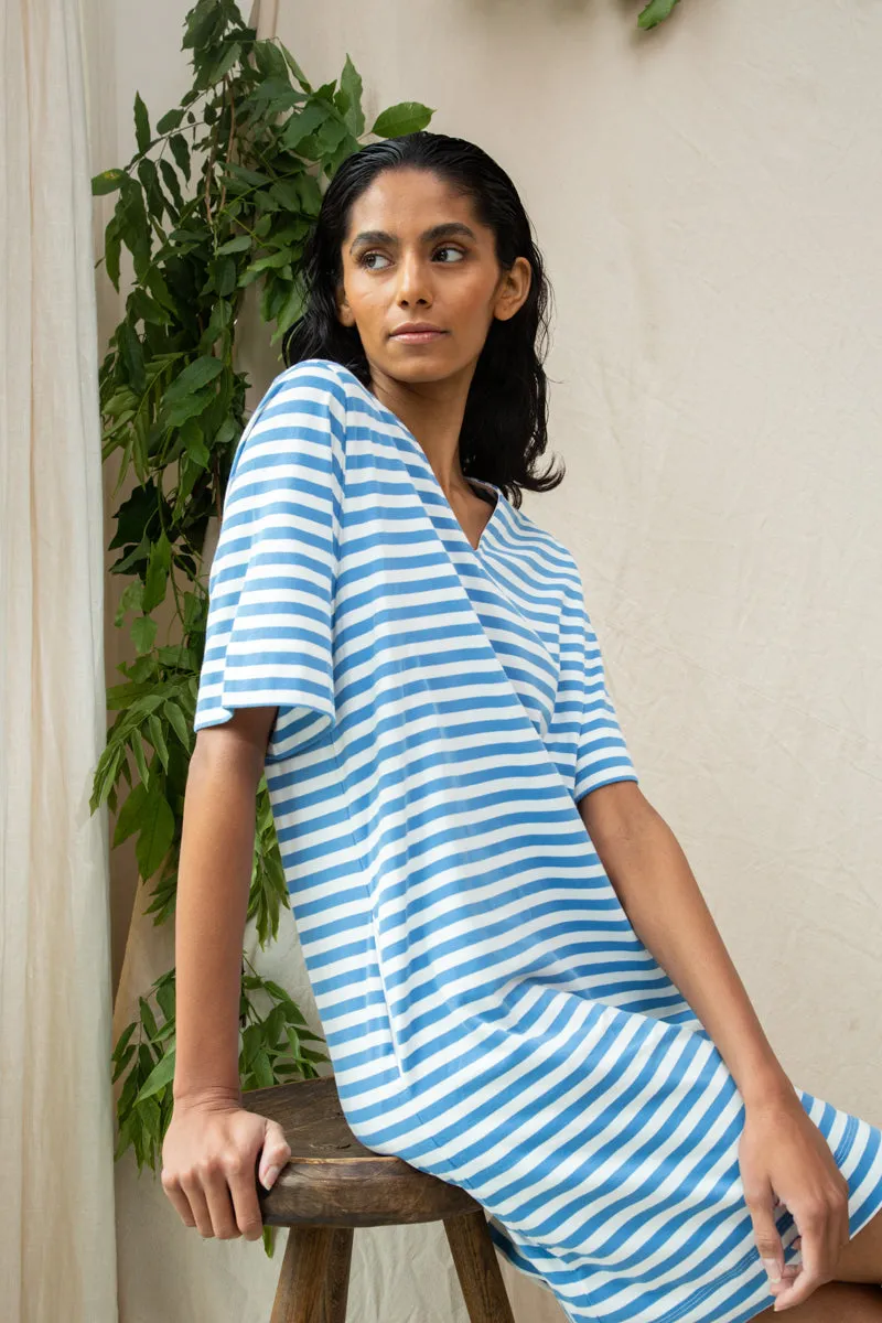 Sasha-Sue Organic Cotton Dress in Sea Blue and White All Gender Fit Casual Style Wear