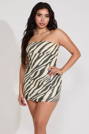 Gemstone-Detail SEQUIN ZEBRA PRINT STRAPLESS MINI DRESS