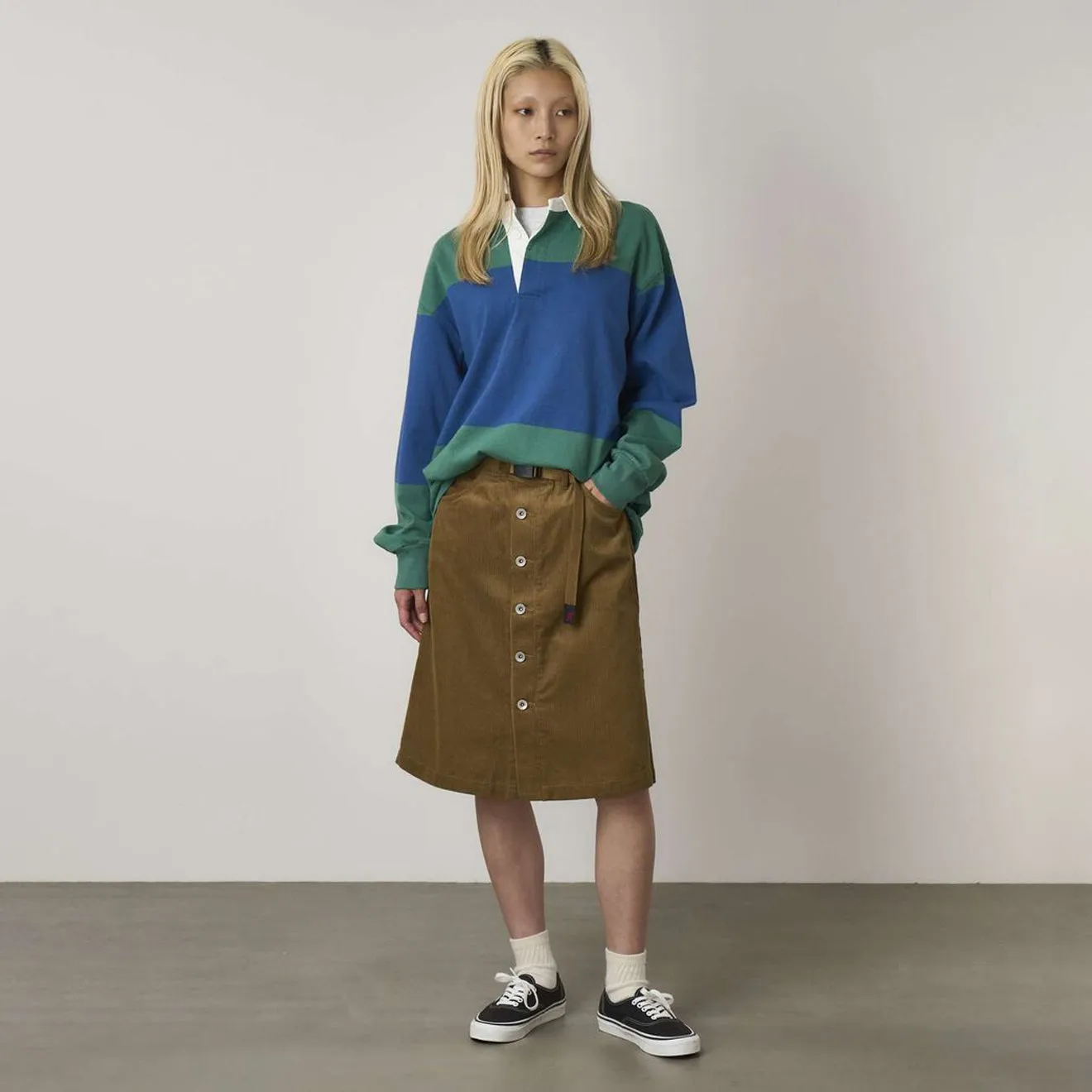 button detail Style Essential Gramicci Womens Buttoned Down Midi Skirt Camel