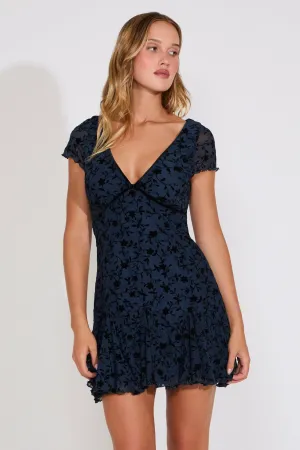 MESH VELVET FLORAL FLUTTER SLEEVE MINI DRESS Bow Glow