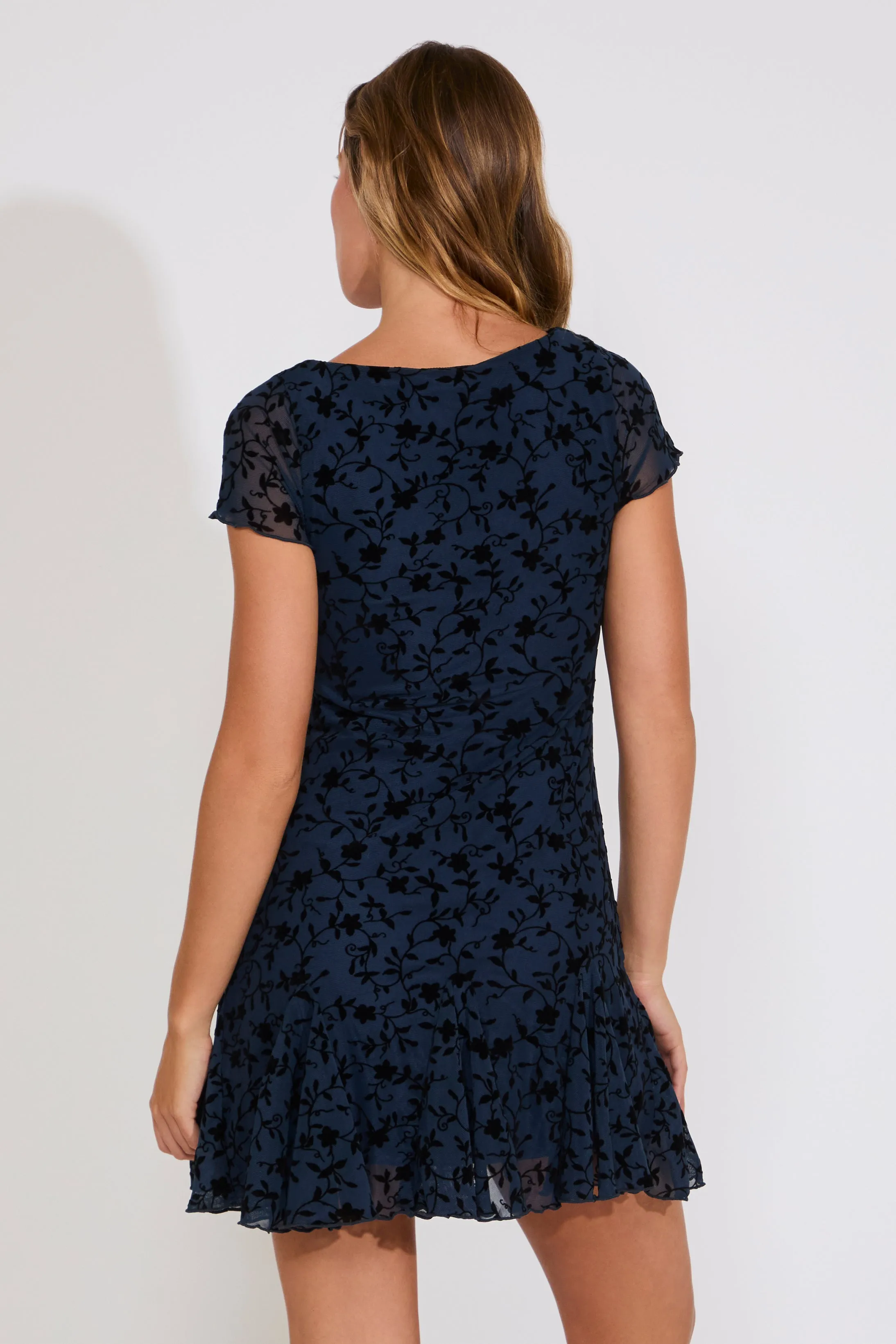 Chic Balance Chilly Day Wear MESH VELVET FLORAL FLUTTER SLEEVE MINI DRESS