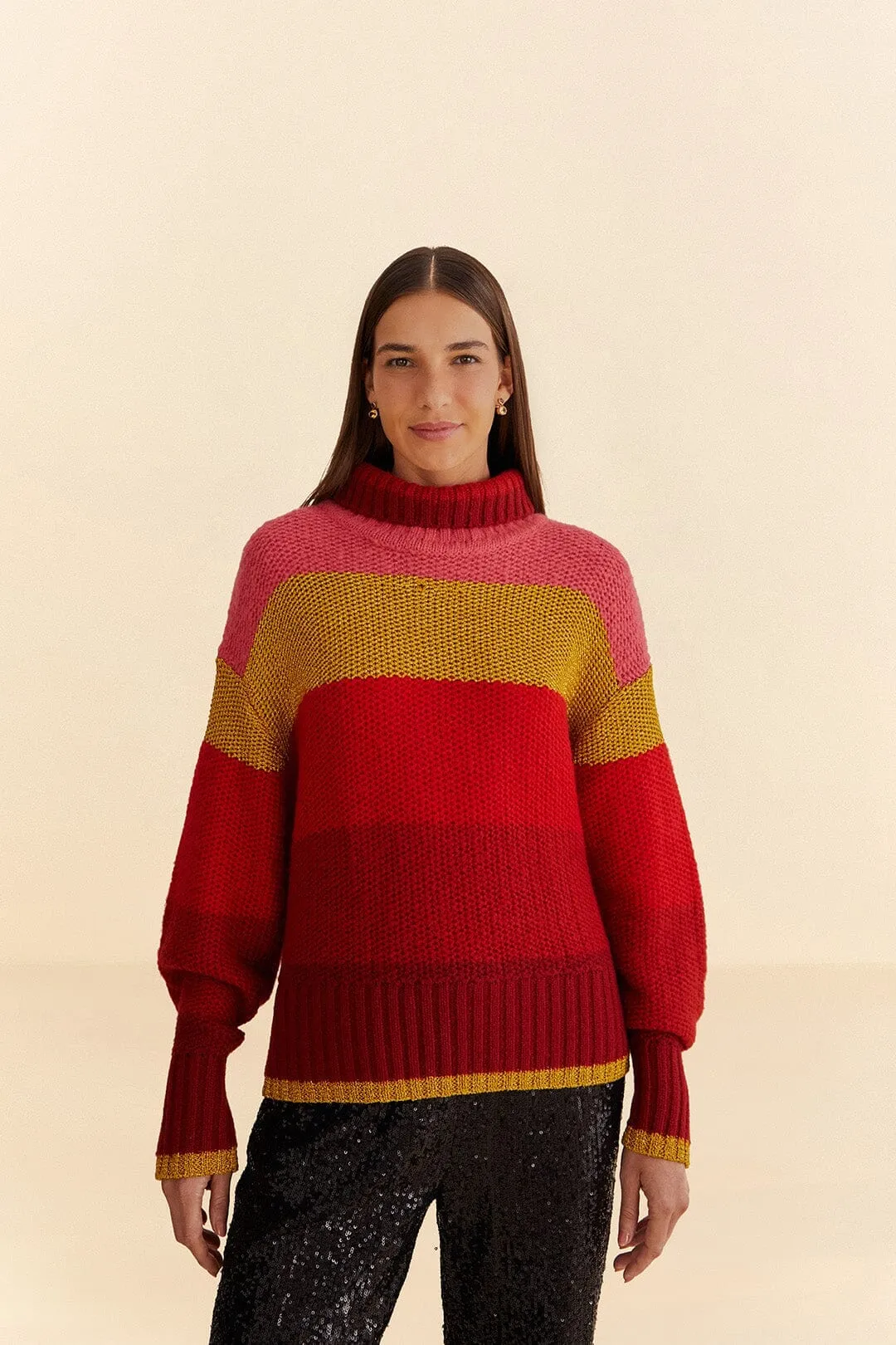 Shiny Stripes Knit Sweater Ribbed Detailing Ribbed collar